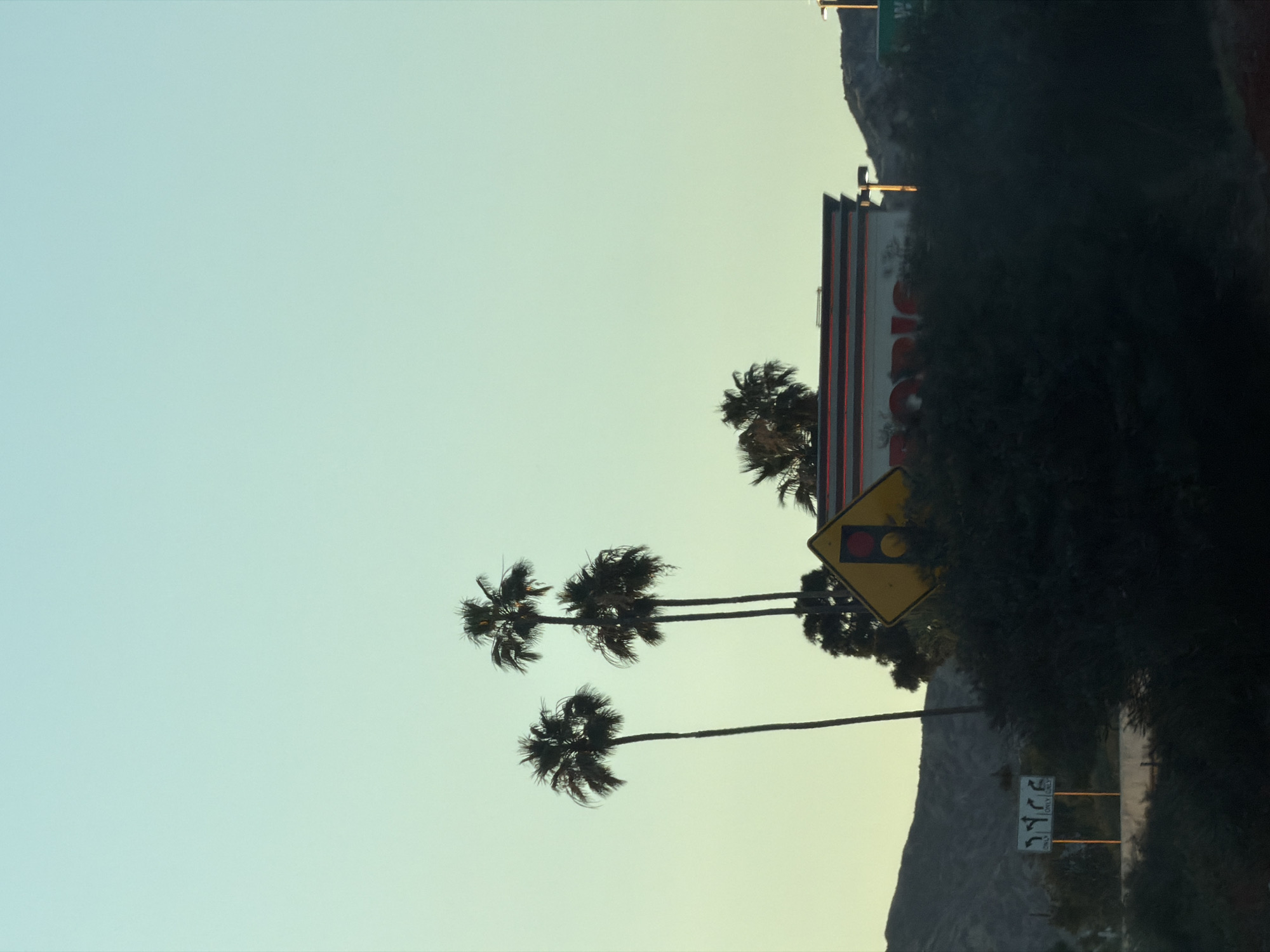 A low-angle, sideways photograph shows three palm trees in front of the structure with the word "Bob's" written on the side of it. A mountain stands behind and to the right of the structure. A yellow traffic signal sign stands near the roadside. The scene is in Burbank, United States of America.