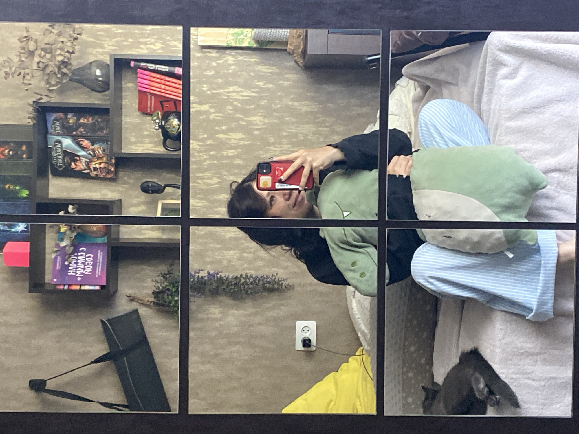 A medium shot captured in a mirrored room shows a young woman taking a selfie. She is seated on a bed with light blue and white striped pajama bottoms and a black top. She holds a red smartphone in her right hand, pointing it towards the mirror. In her left arm, she cradles a light green dinosaur-shaped stuffed animal. The room is decorated with shelves holding books and decorative items, and a cat is visible sleeping on the bed to the left. The scene is likely in a residential apartment in the city of Chaikovsky, Russia, given the context.