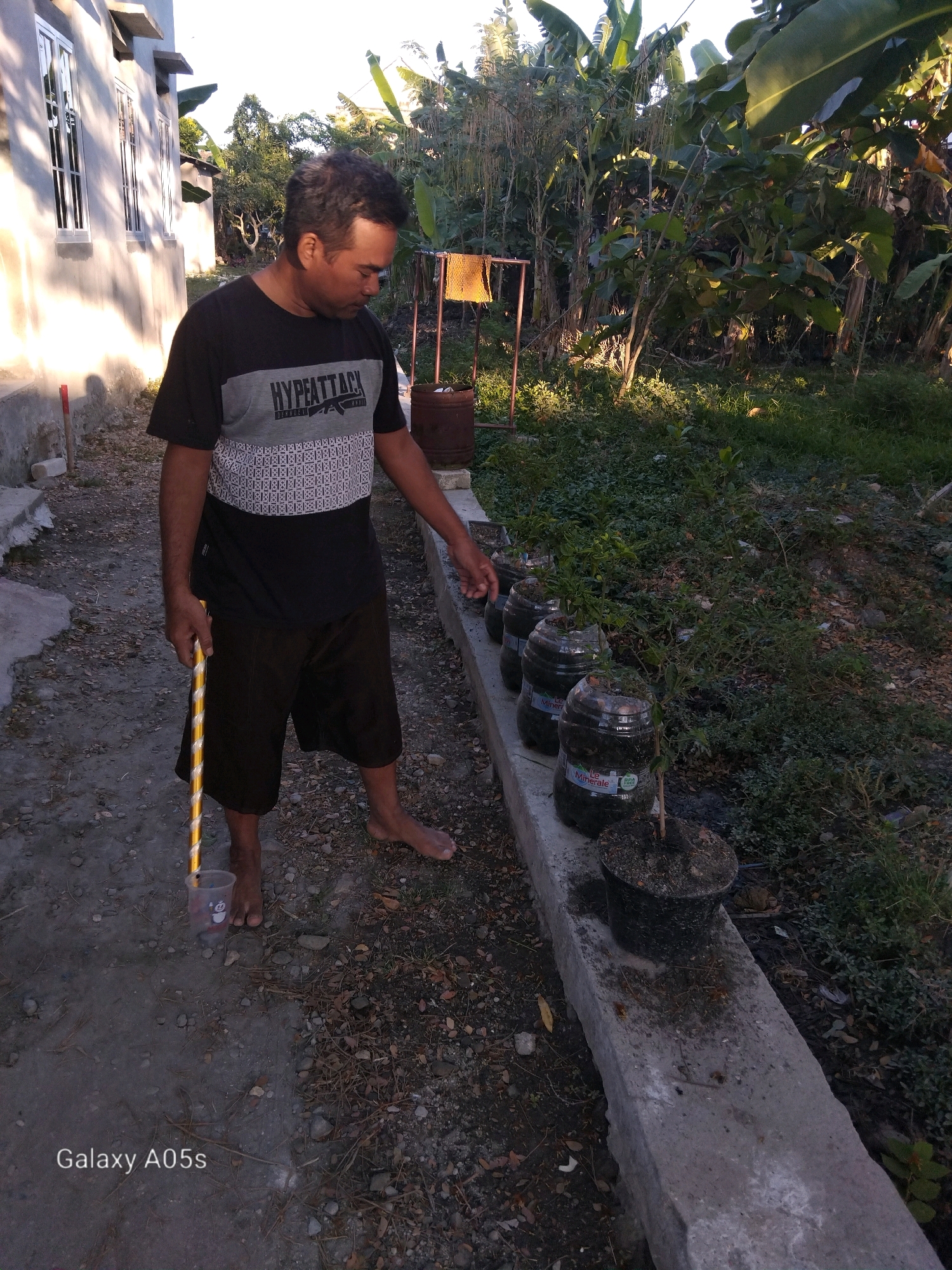 A medium shot shows a man standing outdoors in what appears to be the city of Karangayung, Indonesia, with a building to his left and lush vegetation to his right. The man is wearing a black t-shirt with a graphic design and black shorts, and he is barefoot. He is holding a yellow and silver striped pole in his right hand, which extends down to a clear plastic cup on the ground. To his right, a row of plants in clear plastic bottles and a potted plant are arranged on a concrete ledge. The surrounding environment is overgrown with various plants and trees, and the ground is covered in dirt and fallen leaves. The sun is casting long shadows, indicating it is likely late afternoon or early morning.