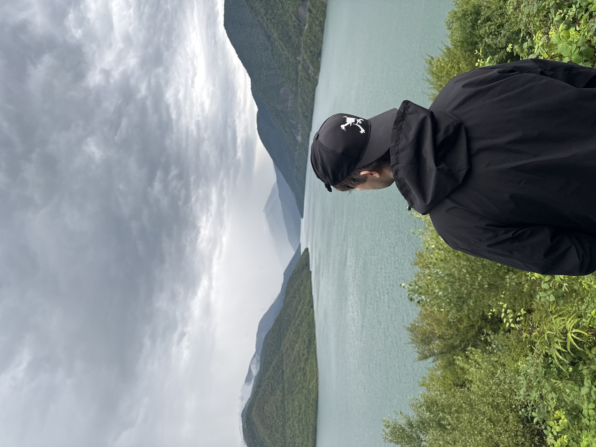 In Aranisi, Georgia, a person wearing a black hooded jacket and a black baseball cap with a white graphic is observed from behind. The person is standing amidst lush green foliage, looking out at a vast, turquoise body of water. This body of water is framed by steep, densely forested mountains that recede into the distance, where a hazy, overcast sky looms above. The overall impression is one of natural grandeur and a sense of contemplation.
