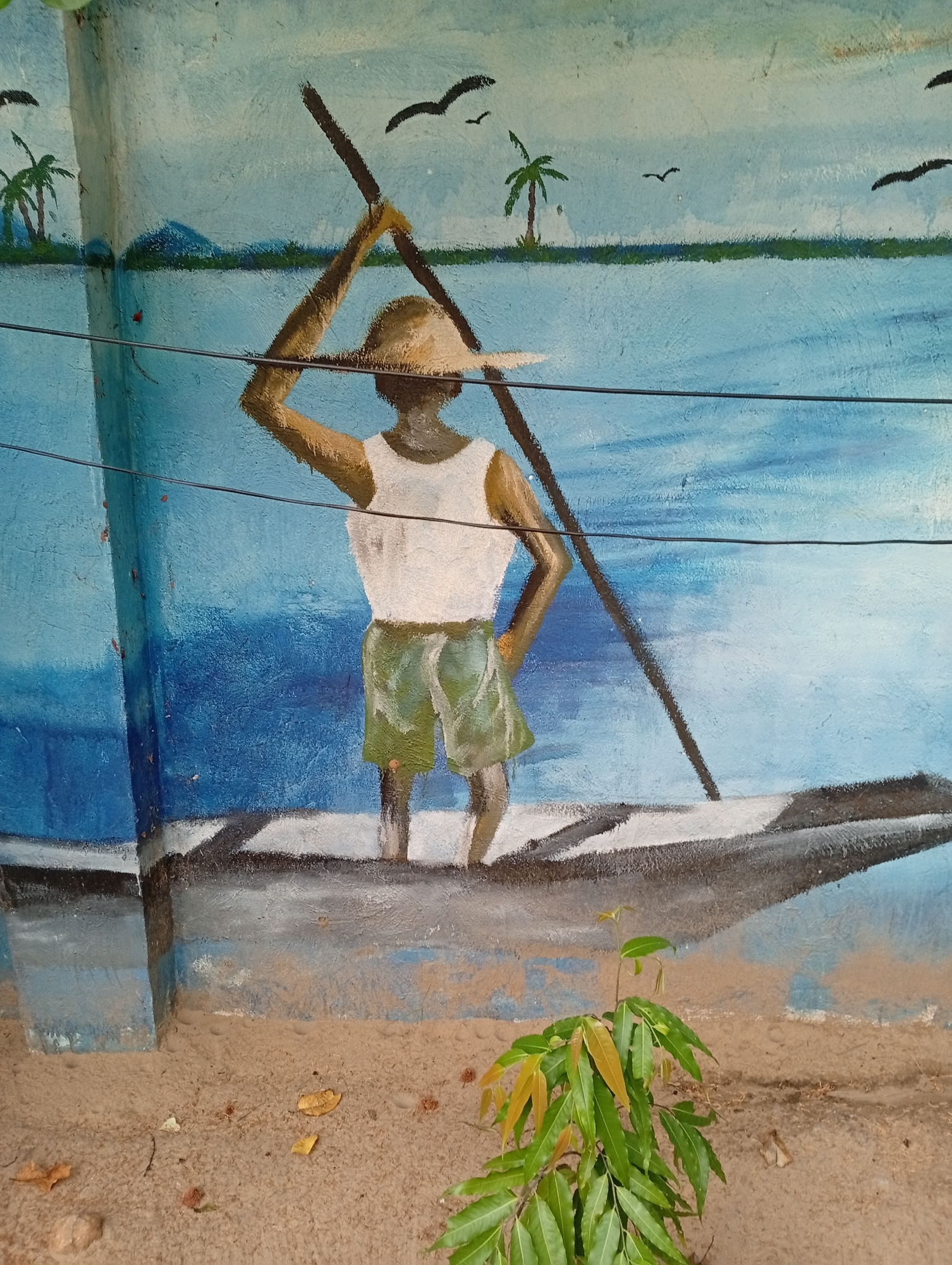 The image shows a painting on a wall, likely an outdoor wall or a building exterior in Adankolo, Nigeria. The painting depicts a man standing in a boat, possibly a canoe. He is wearing a white top, green shorts, and a straw hat. He holds a long pole, presumably used for propelling the boat. The background shows a body of water, possibly a lake or river, with palm trees and birds in the distance. The wall on which the painting is done is textured and shows signs of wear. At the bottom of the wall is sand and a small green plant is growing. Electrical wires are visible crossing in front of the painting.