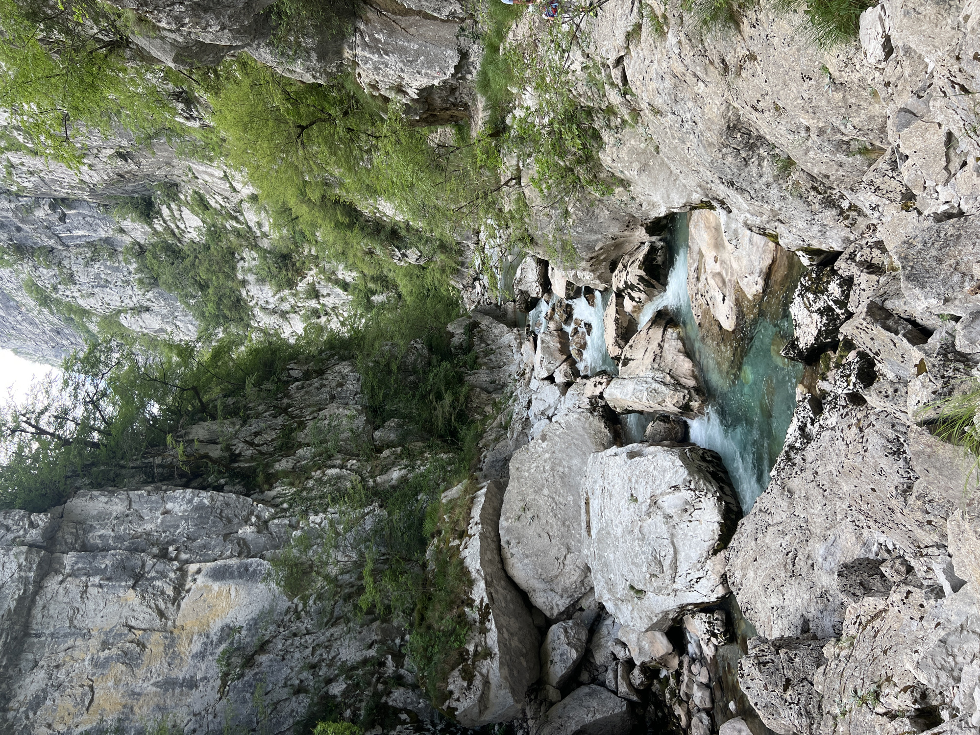 The image depicts a narrow gorge with a turquoise river flowing through it. The gorge walls are steep and rocky, with vegetation clinging to the sides. The river is fast-flowing, with small waterfalls and rapids. The rocks are light gray in color. The vegetation consists of green trees and shrubs. The location is in the city of Lazba, Montenegro.