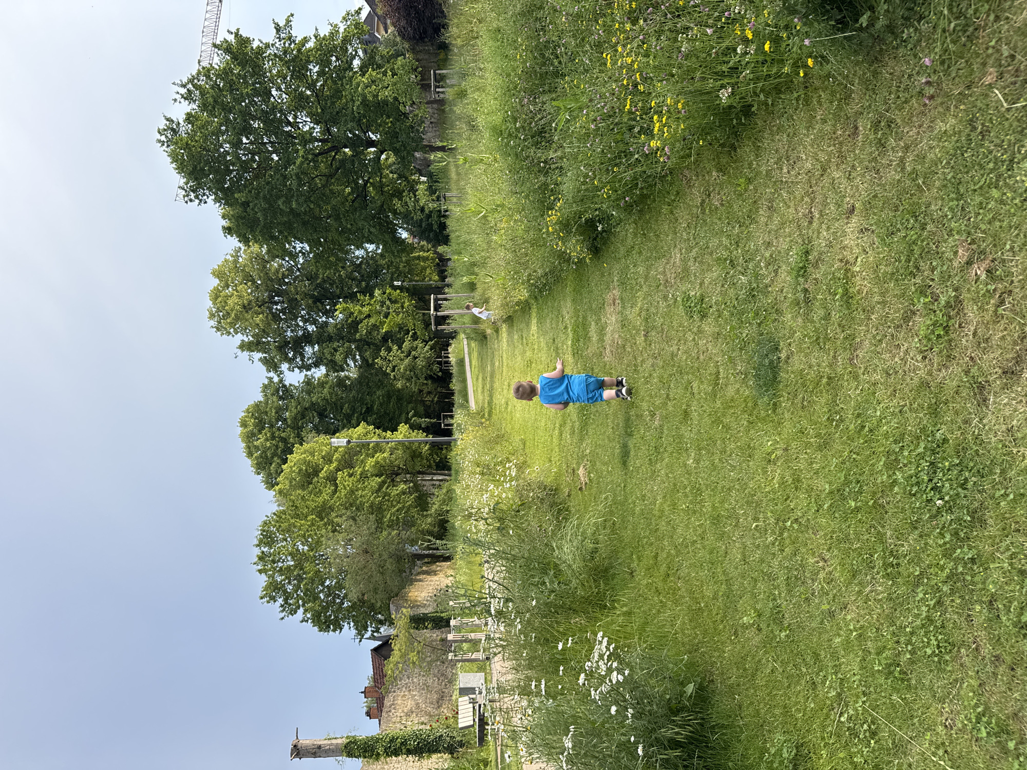 A young boy in a blue tank top and blue shorts is walking away from the camera on a grassy path. He is in the foreground of the image, and the path leads into a park with trees and wildflowers. In the background, there are some old stone walls, a bench, and a lamppost. The sky is clear and blue.