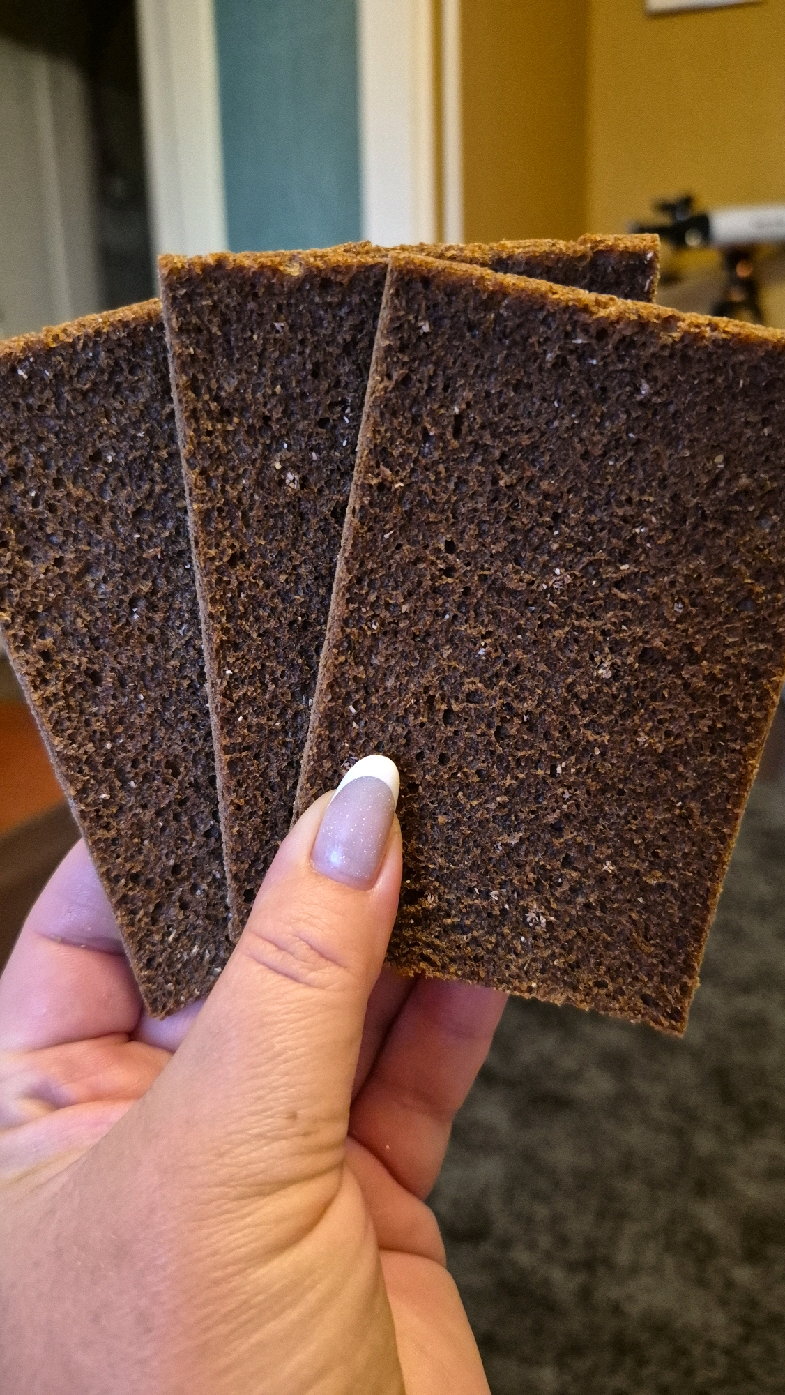 A hand with a French manicure holds three slices of dark rye bread. The bread is square and appears dense with small air pockets and visible grains. The background is blurred, showing hints of indoor elements like doors and walls painted in muted colors, suggesting an indoor setting within a residence. The location is not specified as Krauja, Latvia.