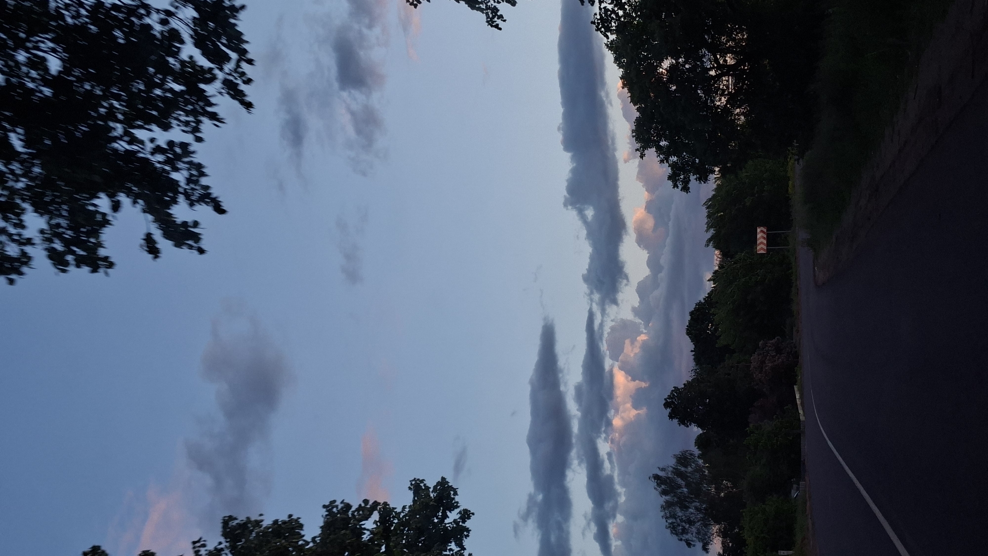 The image shows a road in the evening, likely located near Смалявічы, Belarus, given the provided information. The road curves to the left. A sign with red chevron arrows pointing left is visible near the road. The sky is a blueish hue with grey and pink-tinged clouds. Trees are visible along the side of the road and in the foreground, silhouetted against the sky. The overall lighting suggests it is dusk.
