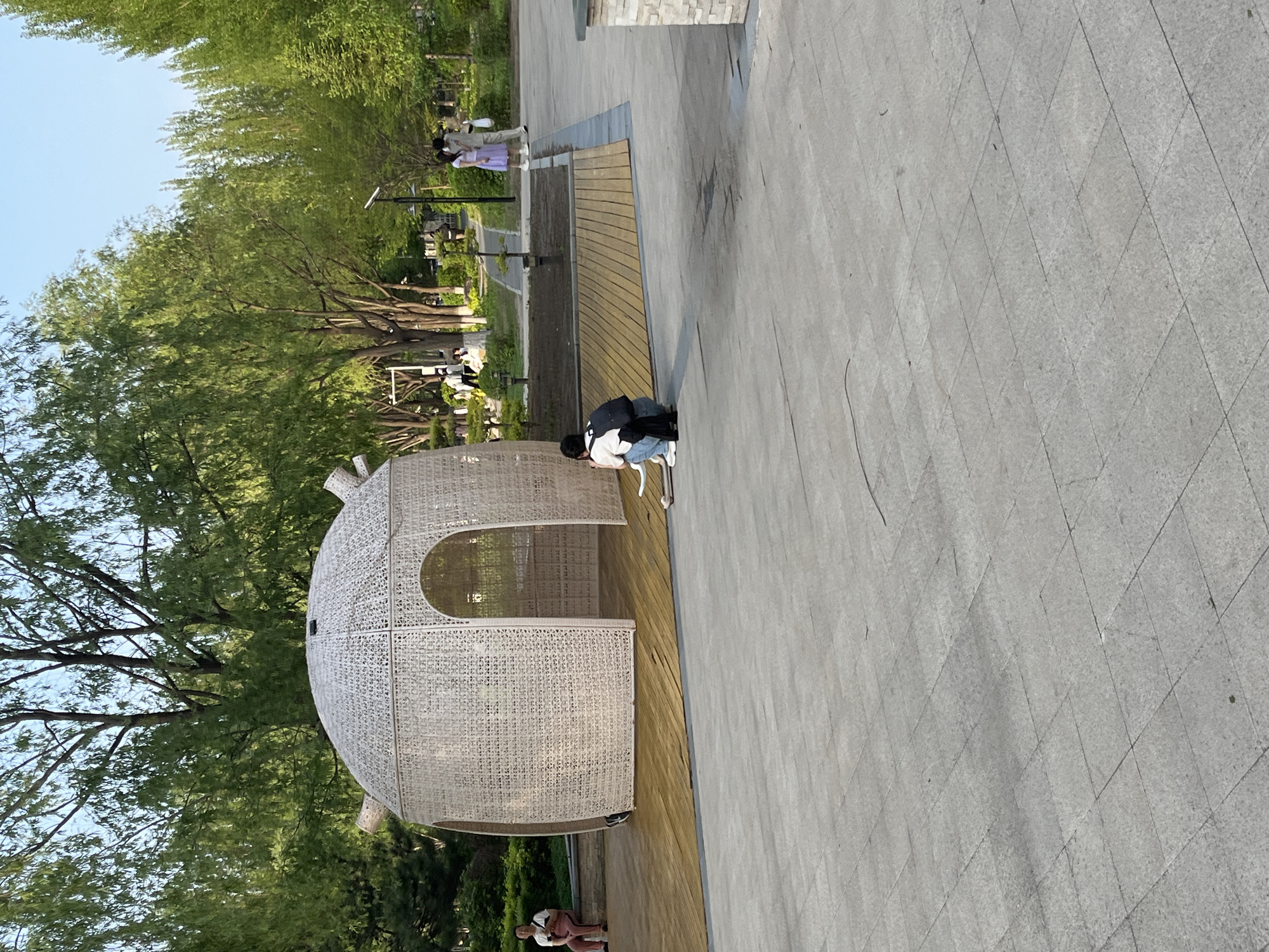 The image shows an outdoor scene in Changchun City, China. The main feature is a large, dome-shaped wicker structure. Inside the structure, two individuals are present, one wearing a black backpack and the other in white and light blue. Next to the dome, on what appears to be a wooden platform, another person is sitting on a white chair. In the background, there are trees and other people walking along a path. The foreground consists of a gray, tiled pavement.
