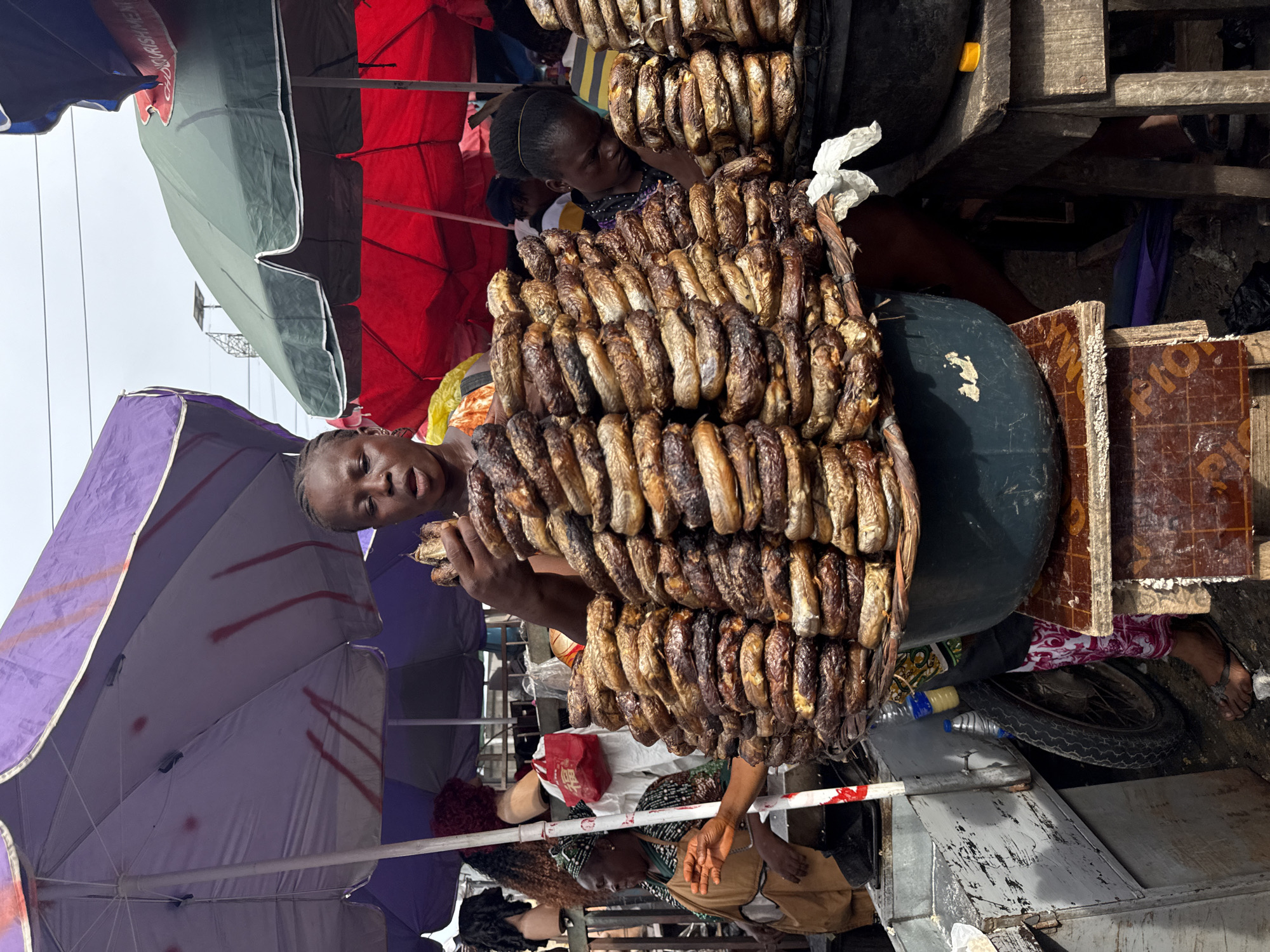 This media file captures a bustling market scene in Lekki, Nigeria, centered around a vendor displaying an abundance of smoked or dried fish.
In the foreground, a woman, likely the vendor, is prominently featured. She is holding or standing next to a large, round tray or basket, heavily laden with numerous rows of dark golden-brown and brown fish, possibly catfish, which appear to be skewered together. Her hands are near the fish, and she looks towards the viewer. Behind her and to her left, another woman is partially visible, observing the fish display.
The market environment is characterized by several large, colorful umbrellas providing shade. A vibrant purple umbrella is visible in the lower left, a green and black umbrella in the upper center, and a red umbrella occupies the upper right. Partial views of other individuals can be seen beneath these umbrellas, suggesting a busy atmosphere.
Various market structures and items surround the central activity. Wooden planks and shelves, possibly parts of market stalls, are visible. There are also dark plastic containers or barrels, one of which supports the fish display. Towards the bottom right, a motorcycle tire and parts of a metallic cart or stand are present, along with some discarded plastic bottles on the ground.
The scene is brightly lit, indicating it is daytime. On a red umbrella in the background, faint, partially obscured text, possibly "CHICKEN & MEAT," is visible. On a wooden board on the right side of the image, fragmented letters such as "PRO" or "PL" can be seen. The overall impression is that of a lively, functional open-air market.