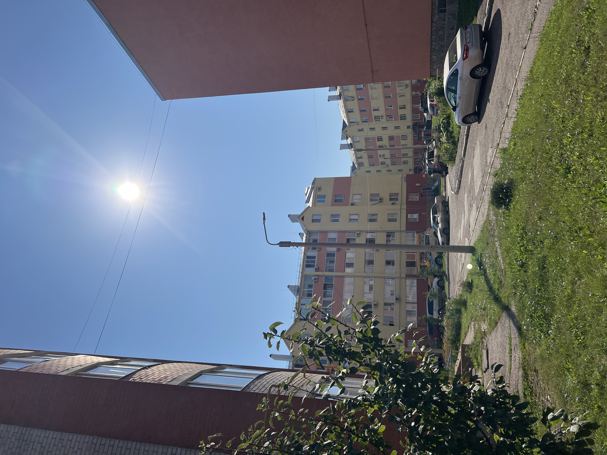 In the city of Salavat, Russia, a bright, sunny day is captured, with the sun prominently shining in a clear blue sky. The scene is dominated by residential buildings. On the left, a curved brick building with multiple windows is partially visible. To the right, a salmon-colored building forms a sharp angle with the frame. In the middle distance, a row of multi-story apartment buildings with yellow and pink facades stretches across the landscape, their windows reflecting the sunlight. A street light stands near the foreground. Several cars are parked or driving on a paved road that curves through the scene. Green grass and some sparse vegetation cover the ground, with a few small blue flowers scattered amongst it. A leafy tree branch partially obscures the view on the left side of the image. The overall impression is of a typical urban residential area on a clear day.