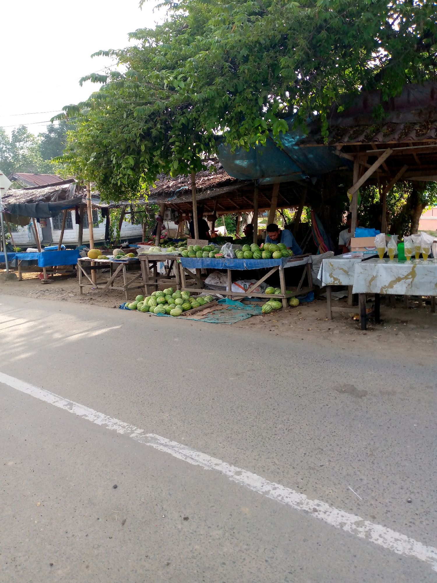 In Mancang, Indonesia, a roadside market is captured under the shade of a large tree. A variety of fruits, including a large pile of watermelons, are displayed on makeshift tables. Some of the fruits are on the ground, suggesting the market is in its early stages or experiencing a rush. The market is set up along a paved road, with a white line marking the edge of the roadway. The stalls are covered with tarps and thatch roofs, providing shelter from the sun. In the background, a white building with wooden shutters is visible. The scene appears to be a typical rural market scene in Indonesia.
