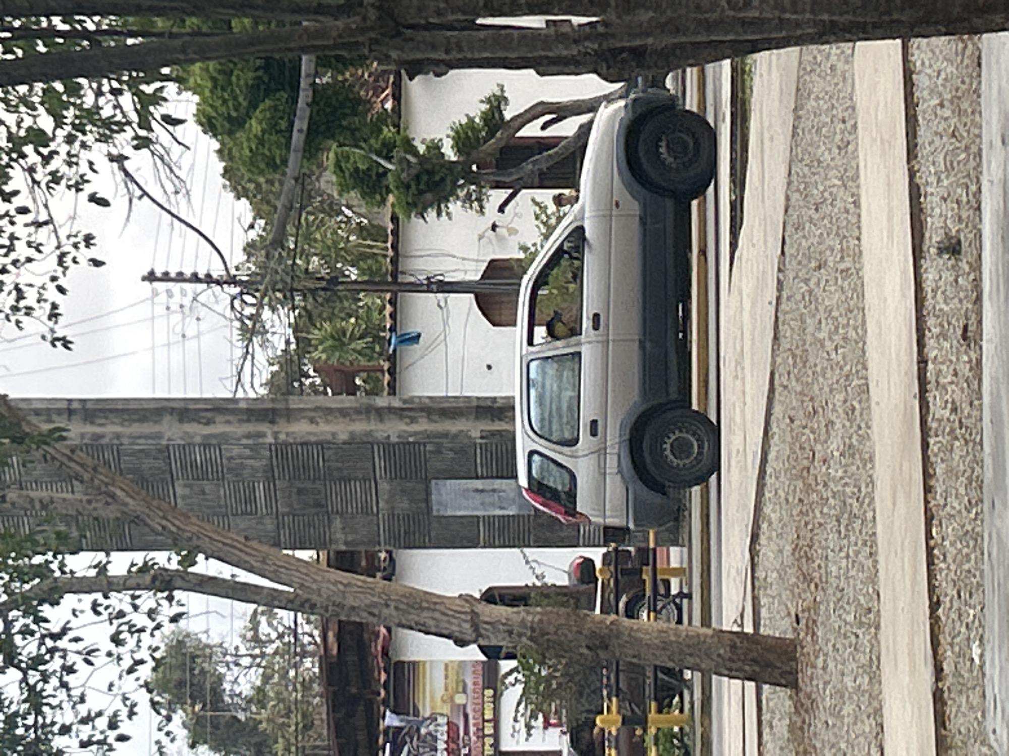 A silver four-door SUV with a red taillight is parked on a paved road. The vehicle has tinted windows and appears to be occupied by at least one person. In the background, there is a building with white walls and a textured, grey, rectangular structure. Trees with green foliage are visible throughout the scene, and power lines run across the sky. The environment suggests an urban or semi-urban setting. The image was taken in Santa Ana, Venezuela.