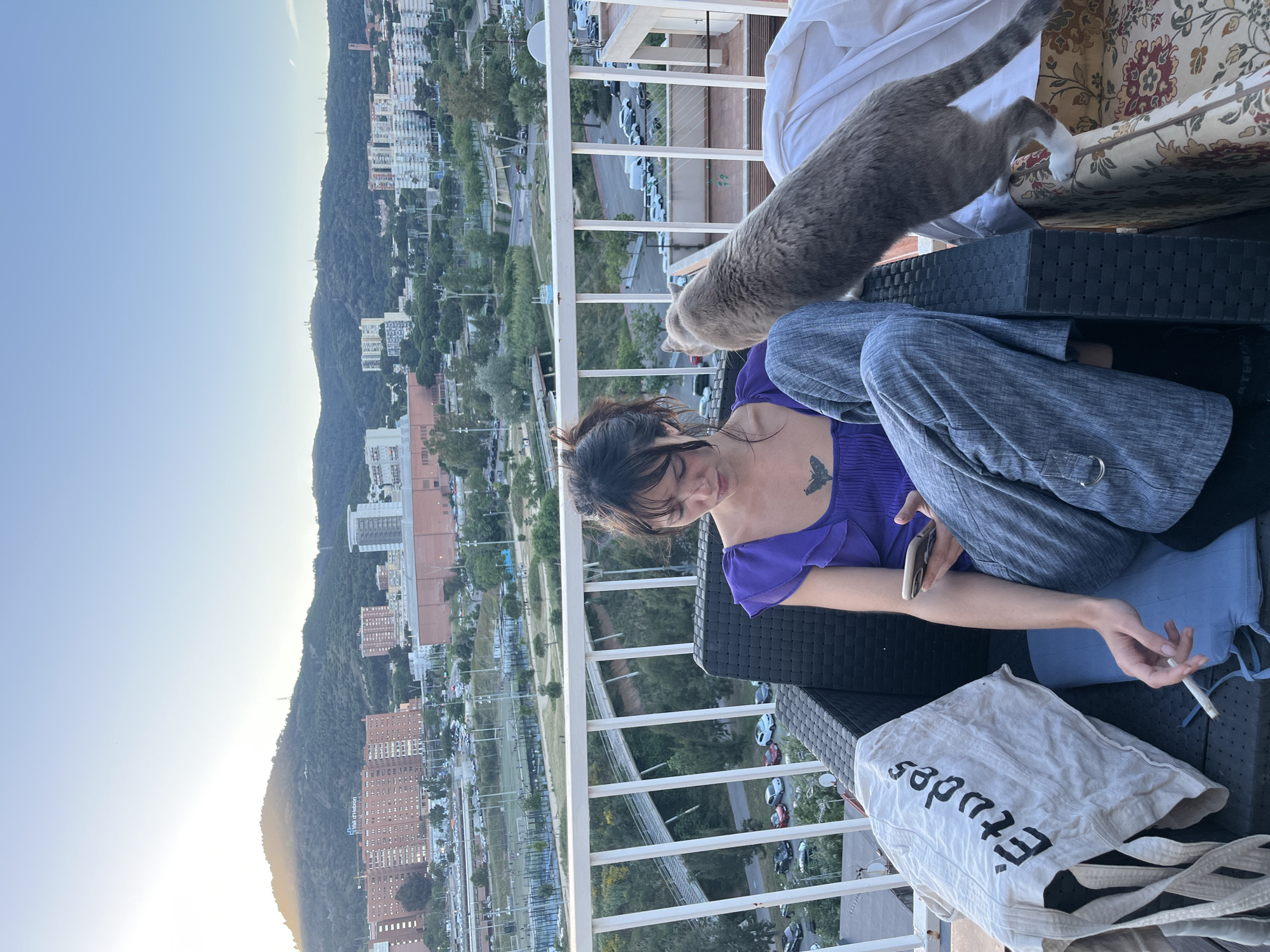 A medium shot of a woman in a purple shirt sitting on a wicker chair on a balcony, partially obscured by a gray cat mid-jump. The woman looks down at a smartphone in her lap, holding a lit cigarette in her left hand. A white tote bag sits on the chair beside her. In the background, a cityscape stretches towards tree-covered mountains under a clear blue sky. The balcony has a white railing overlooking streets and buildings, suggesting an elevated perspective. This scene could possibly be in the city of Barcelona, Spain.