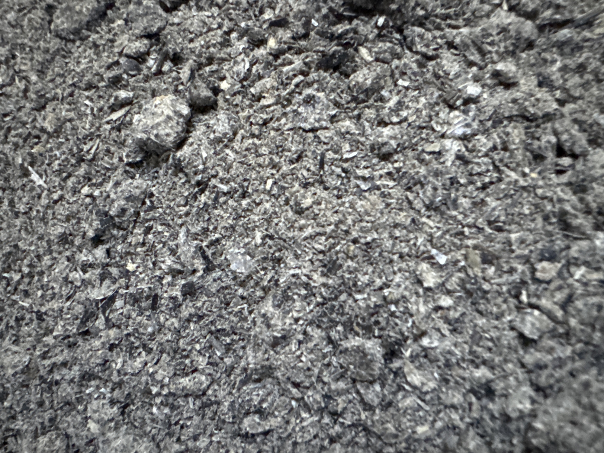 The image is a close-up, top-down view of a pile of grey ash. The ash consists of fine particles and larger, irregular fragments, some of which appear to be charred or burnt material. The texture is rough and uneven, with shadows and highlights indicating a source of light from the upper right. There are no visible people, objects, or discernible environmental features like buildings or vegetation. The scene appears to be static and devoid of any activity. The location is unknown.