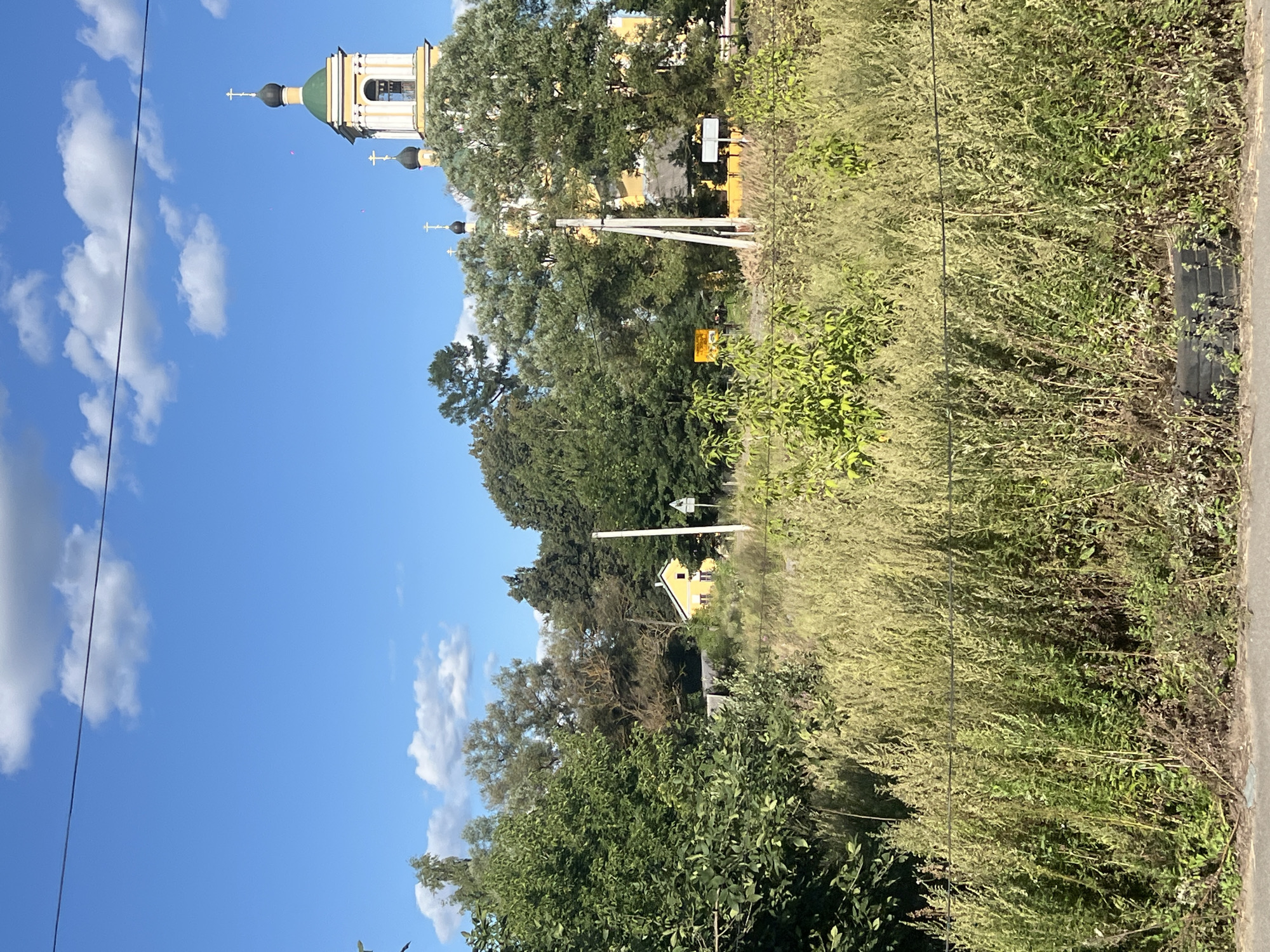 The image shows a rural landscape under a bright blue sky with scattered white clouds. In the foreground, there is a dense growth of tall, dry grasses and green bushes. A thin black wire stretches horizontally across the mid-ground. Behind the vegetation, a small, bright yellow house with a red roof is visible. Further in the background, a yellow church with a green dome and white bell tower, topped with a cross, stands out against the trees. Several trees of various sizes and species are scattered throughout the scene, some appearing lush and green, while others have a drier, lighter appearance. A white utility pole with multiple wires is positioned to the right of the church. A small white sign with a black border and symbol is visible on a pole near the yellow house. A grey road surface is visible at the very bottom of the image, with a few black, stacked circular objects, possibly tires, on the edge of the road. The overall impression is one of a sunny day in a village or countryside setting.