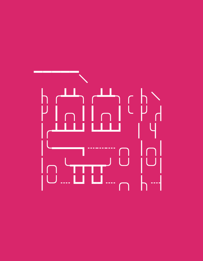 The image depicts a stylized, schematic drawing of the National Gallery of Armenia, located in Yerevan. The drawing is rendered in white lines against a solid pink background. Key architectural elements are represented in simplified form.