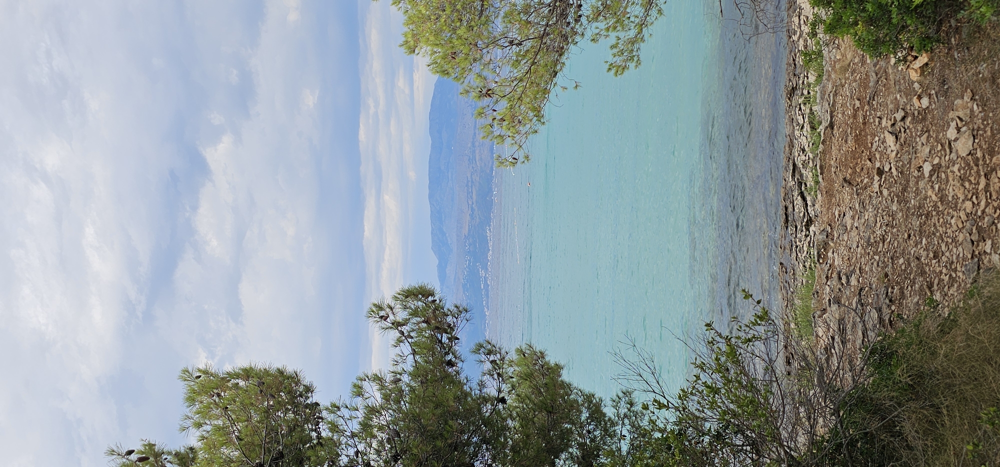 The image depicts a coastal landscape with a view of the sea and distant mountains. In the foreground, on the left, is a pine tree with green needles and several pinecones, partially obscuring the view. To the right, another pine tree with similar foliage is visible. The ground in the immediate foreground is covered with rocks and dry vegetation.
The middle ground is dominated by the turquoise-colored sea, which appears calm with gentle ripples. The water is transparent enough to see the rocky seabed in the shallows near the shore.
In the background, a coastline with buildings is visible, indicating a settlement. Beyond the coastline, a mountain range stretches across the horizon, fading into a hazy blue under a cloudy sky. The clouds are varied, with some appearing white and wispy, while others are larger and more grey, suggesting overcast or partly cloudy conditions. The overall impression is a scenic natural environment.
This scene is located in Grad Supetar, Croatia, a coastal town on the island of Brač in the Adriatic Sea.