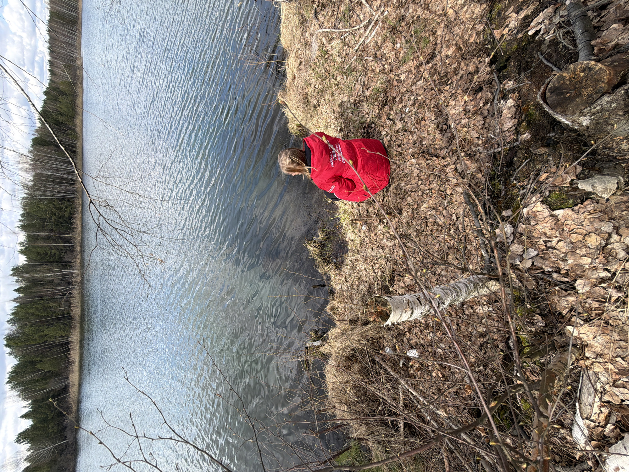 The image depicts an outdoor scene in Novyi, Russia, focusing on a person by the edge of a serene body of water, likely a lake or large pond. The viewpoint is from above and slightly behind the person, looking down towards the water.
A person, appearing to be a child or young adult with blonde hair styled in a braid, is the main subject. They are wearing a vibrant red puffer jacket and are crouched or sitting low at the water's edge, seemingly engrossed in observing something in or on the water. Visible text on the back of the red jacket reads "HOCKEY" in large capital letters, with "ТЕХНИК" (TEHNIK, meaning "Technician" or "Technique" in Russian) printed below it.
The shoreline is covered with a thick layer of dry, brown fallen leaves, interspersed with bare twigs, branches, and patches of dried grass, suggesting late autumn or early spring. Several fallen logs and stumps are visible on the bank, including a distinctive white-barked log, possibly birch. The water itself is calm with gentle ripples, reflecting the bright sky.
Across the water, a dense, dark green forest stretches along the distant bank, composed of numerous tall trees, some appearing coniferous and others deciduous with bare branches. The sky above the treeline is partly cloudy, and the scene is illuminated by bright daylight, indicating it is daytime. The overall impression is one of quiet contemplation in a natural, forested landscape.
