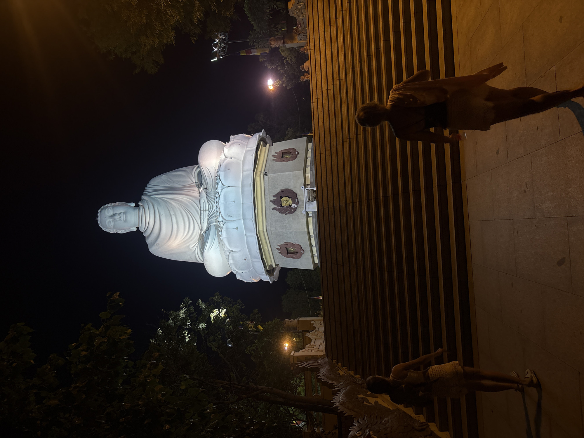 At night in Nha Trang, Vietnam, a large, white, seated Buddha statue is illuminated. The statue is on a pedestal with decorative elements and sits atop a wide set of stairs. Two women, viewed from behind, are walking up the stairs toward the statue. The left woman is wearing a light-colored dress and the right woman has a shawl draped over her shoulders. Trees with some leaves are visible on either side of the statue, and the sky is dark.
