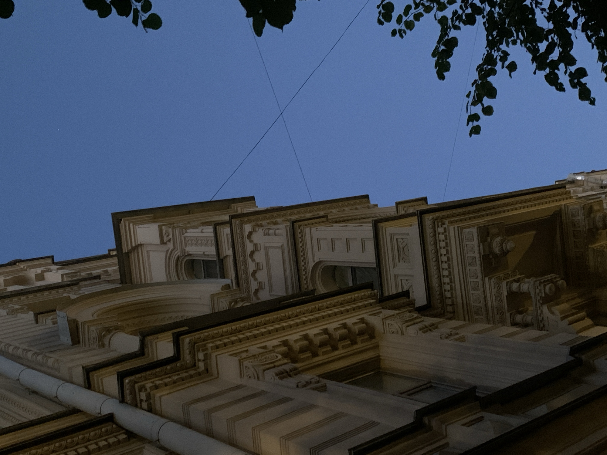 This is a low-angle, outdoor, daylight photograph of the ornate facade of a building in Saint Petersburg, Russia. The building is constructed of light-colored stone and features intricate architectural details such as cornices, moldings, and decorative carvings. A downspout runs vertically along the left side of the building. The sky is a clear, deep blue, with two thin wires crossing diagonally across it. In the upper right and lower right corners of the frame, there are dark green leaves and branches of a tree, silhouetted against the sky. A single, small, bright point, possibly a star or planet, is visible in the sky to the left of center. The image has a slightly muted, dusky quality, suggesting it was taken during twilight. There are no people or animals visible in the scene.
