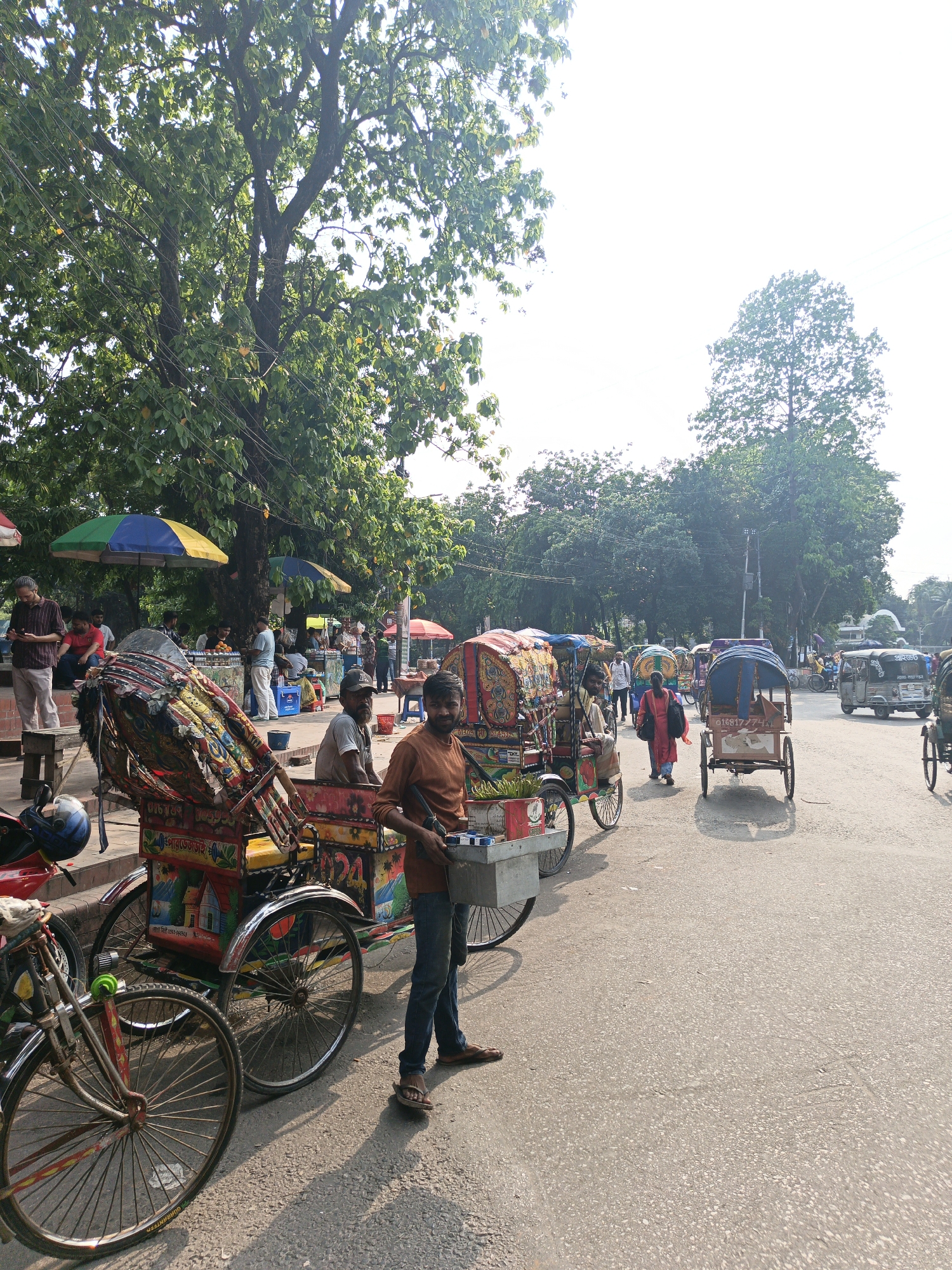 The image depicts a street scene in an urban area with several rickshaws, bicycles, and pedestrians. The foreground is dominated by brightly colored rickshaws with ornate decorations. A man in a brown shirt and blue jeans stands near one rickshaw, holding a box-like container. Another man sits in one of the rickshaws. A bicycle leans against the rickshaw in the front of the image. Other rickshaws are visible down the street. People walk along the sidewalks and cross the street in the background. Umbrellas offer shade to people near food vendors and sellers in the background under the large tree. There are additional trees in the background, and a building is visible in the distance. The street appears to be paved, with some shadows cast by the rickshaws and the sun is visible in the background.