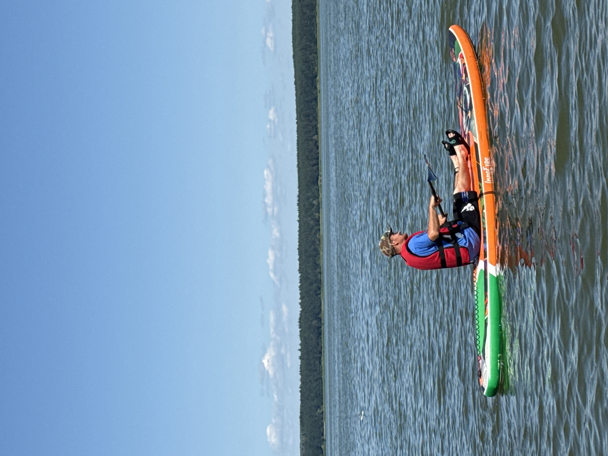 A man is paddleboarding on a lake on a sunny day. He is sitting on the board and holding a paddle. The man is wearing a red life vest, a blue shirt, and black shorts. The paddleboard is orange and green. In the background, there is a forest and a blue sky with white clouds. The image appears to have been taken in Votkinsk, Russia, based on the context provided.