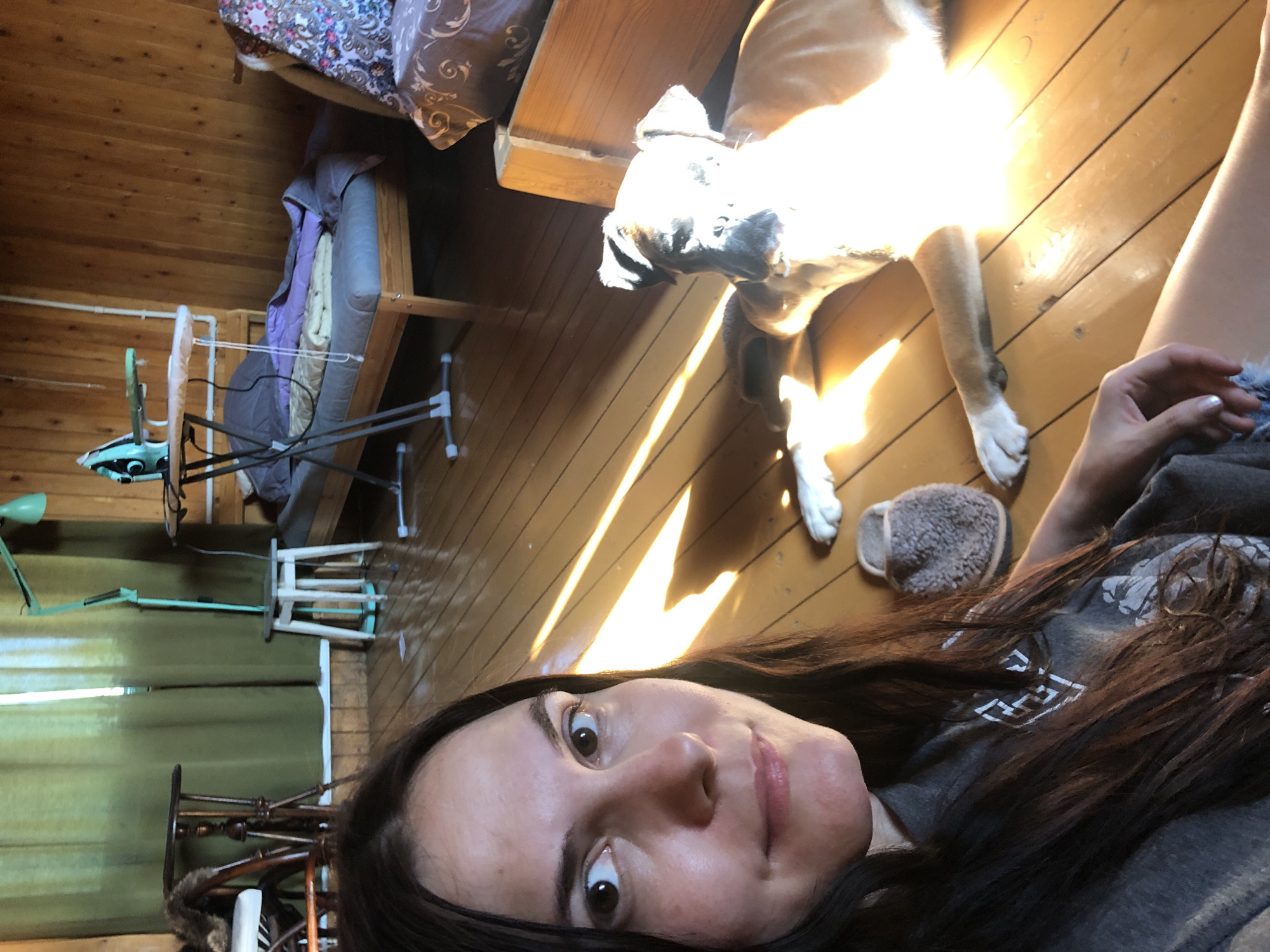 A woman and a dog are in a room with wooden walls and floor. The woman is in the foreground, looking at the camera with a slight smile. She has long dark hair and is wearing a gray t-shirt. A boxer dog is lying on the floor to her right, basking in the sunlight. In the background, there is a bed with a purple blanket, an ironing board with an iron, a green curtain, and some furniture. The overall impression is one of a casual, domestic scene in a rustic setting, possibly a dacha or a cabin, illuminated by natural light.