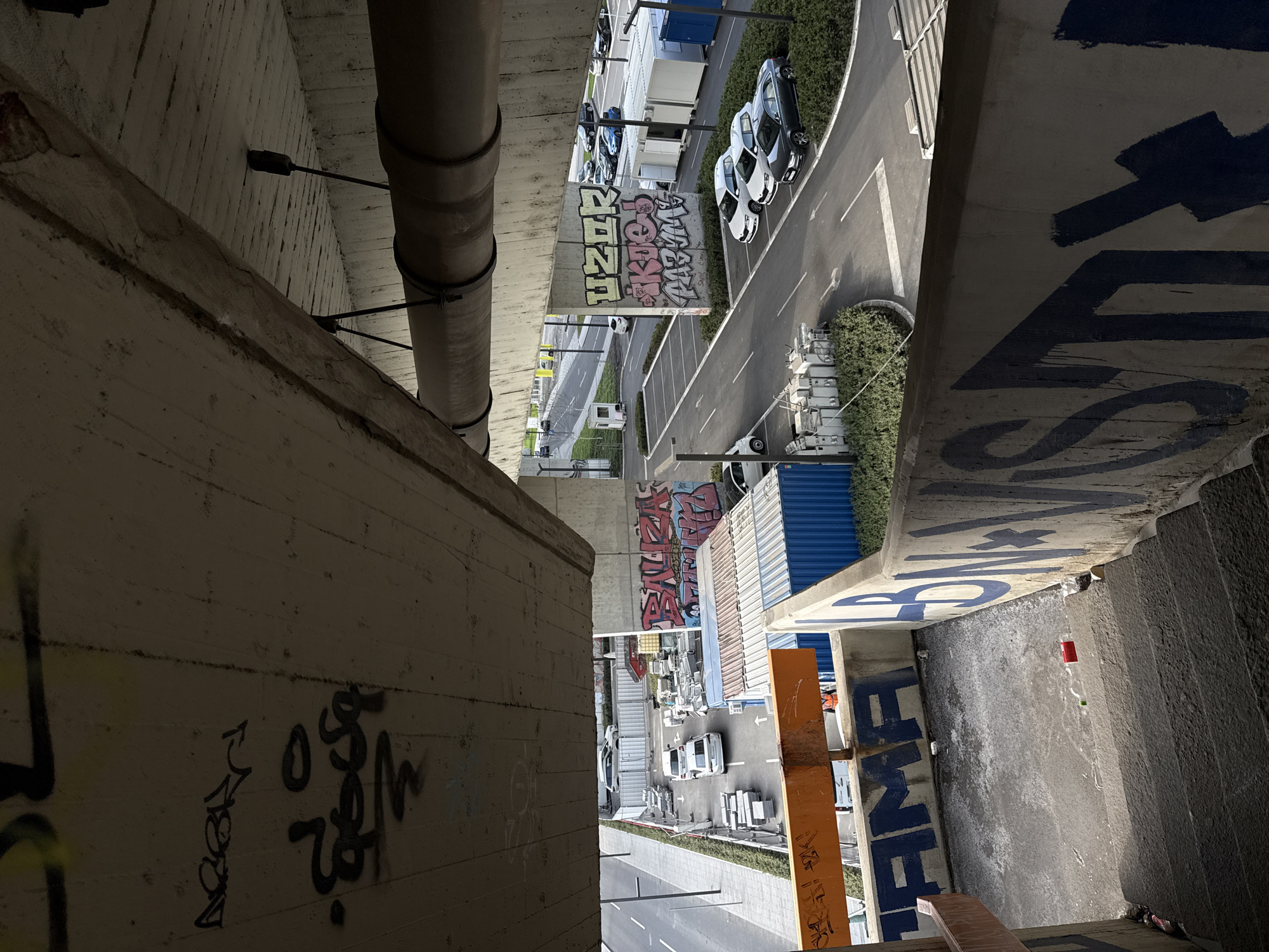 The image provides a high-angle view looking down into an urban, potentially industrial or commercial area in Belgrade, Serbia, from between two large concrete structures, likely an elevated road or bridge. The perspective is significantly tilted.
**Subjects and Scene:**
On either side, towering concrete walls, heavily marked with graffiti, frame the view. A large, dark pipe runs horizontally along the underside of the upper left concrete structure, secured by metal brackets. Below, an asphalt road with white markings winds through the scene. Parked vehicles, including compact white and blue cars, several commercial vans, and trucks, line the road and a paved area. Green shrubbery and small trees are planted along the road and parking areas, providing a contrast to the concrete and asphalt. Shipping containers, some blue and others white/light blue, are visible near the road, suggesting a storage or freight area. The ground beneath the right-hand concrete structure appears to be a concrete or paved slope, with some debris like a red can and a plastic bottle visible. An orange panel with faint graffiti is also seen on the right side.
**Activity/Event:**
No people are visible, but the presence of numerous parked vehicles, including commercial ones, indicates an active area of commerce, transport, or industry. The extensive graffiti on the concrete structures suggests urban artistic expression or tagging activity.
**Notable Details:**
The time of day is daytime, evidenced by bright, natural lighting. The weather appears clear. The scene conveys an industrial or gritty urban environment.
**Visible Text:**
Various graffiti tags are prominent. On the middle concrete structure, the word "UZOR" is clearly visible in light green/yellow with black outlines, and below it, "SKUNK" in pink/red and white. Another partial tag reads "MAMA." On the right-hand concrete structure, large blue letters spell out "BME" and possibly "SMG" or similar, along with other blue shapes. On the darker concrete structure on the far left, black graffiti is present, with "LOST" and the letter "O" being partially discernible among other indecipherable characters.
