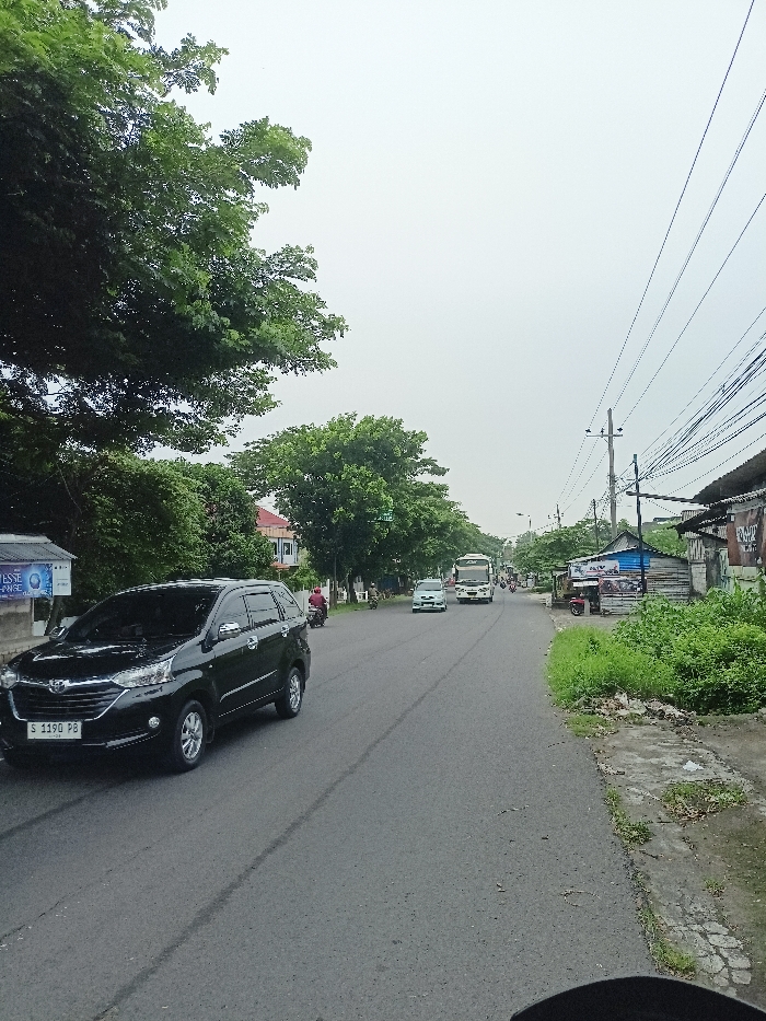 This vertical image captures a street scene on an overcast day in Pungging, Indonesia. An asphalt road extends into the distance, with vehicles moving or parked.
In the immediate foreground on the left, a black Toyota Avanza car is prominent, heading away from the viewer. Its license plate, "S 1190 PB," is clearly visible. Behind the car, a blue and white sign with partially visible text, possibly "ESSE ENSE," is affixed to a low wall. The left side of the road is bordered by dense green trees.
Further down the road, a white car and a large white bus are visible, along with a few motorcycles. On the right side of the road, there's a grassy and dirt verge leading to a sidewalk, followed by a series of single-story structures or shops with corrugated roofs. Tall utility poles with numerous overhead power and communication lines run along this side of the street.
The sky is a uniform light grey, indicating an overcast day with soft, diffused lighting. The overall scene depicts a typical busy street environment in an Indonesian town, characterized by diverse vehicles, utility infrastructure, and local architecture. No discernible people are individually highlighted, but the presence of vehicles suggests everyday activity.