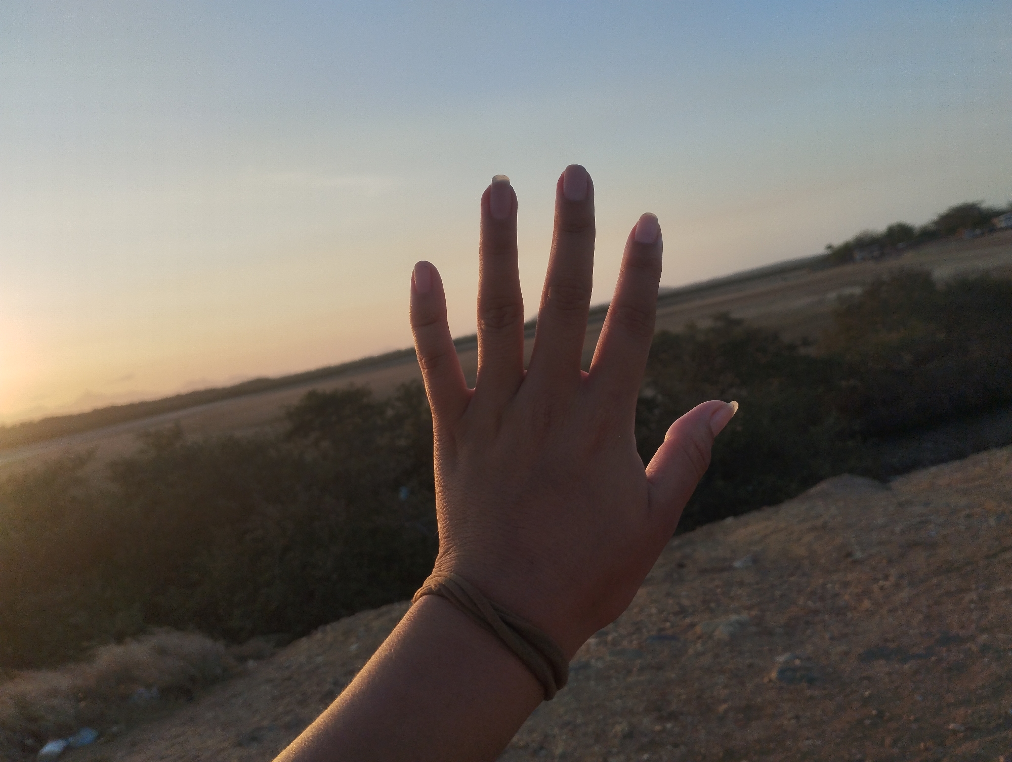 A medium shot depicts a raised right hand, palm facing the viewer, against a landscape backdrop under a fading sky. The sky transitions from a pale blue to a soft orange-yellow hue, suggesting either sunrise or sunset. The landscape consists of a dry, uneven terrain with sparse vegetation. A line of trees is visible in the distance. The subject's arm has a bracelet. The location is Punta de Piedras, Venezuela.