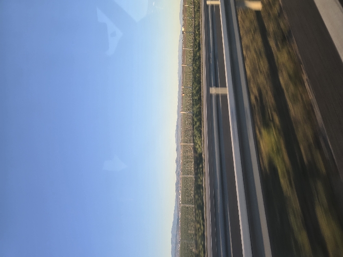 The image displays a roadside scene near Diadovo, Bulgaria, captured from a moving vehicle. The upper 60% of the frame is dominated by a clear, light blue sky, which transitions to a pale yellow-orange hue near the horizon. Distant, low-lying mountains are visible as a dark band along the horizon. Below the mountains, an expansive agricultural field stretches across the midground, appearing green and brown. A horizontal fence line, composed of posts and wire, runs across these fields parallel to the highway. The foreground features a multi-lane asphalt highway, observed from an elevated perspective (likely a vehicle window). A white concrete or metal guardrail separates the highway lanes from the immediate roadside, and both the road surface and the ground cover between the camera and the guardrail exhibit significant motion blur, indicating the photographic device was in motion. No individuals or specific vehicles other than the implied camera platform are visible. Faint, indistinct reflections are present on the viewing surface in the upper left and right portions of the sky.