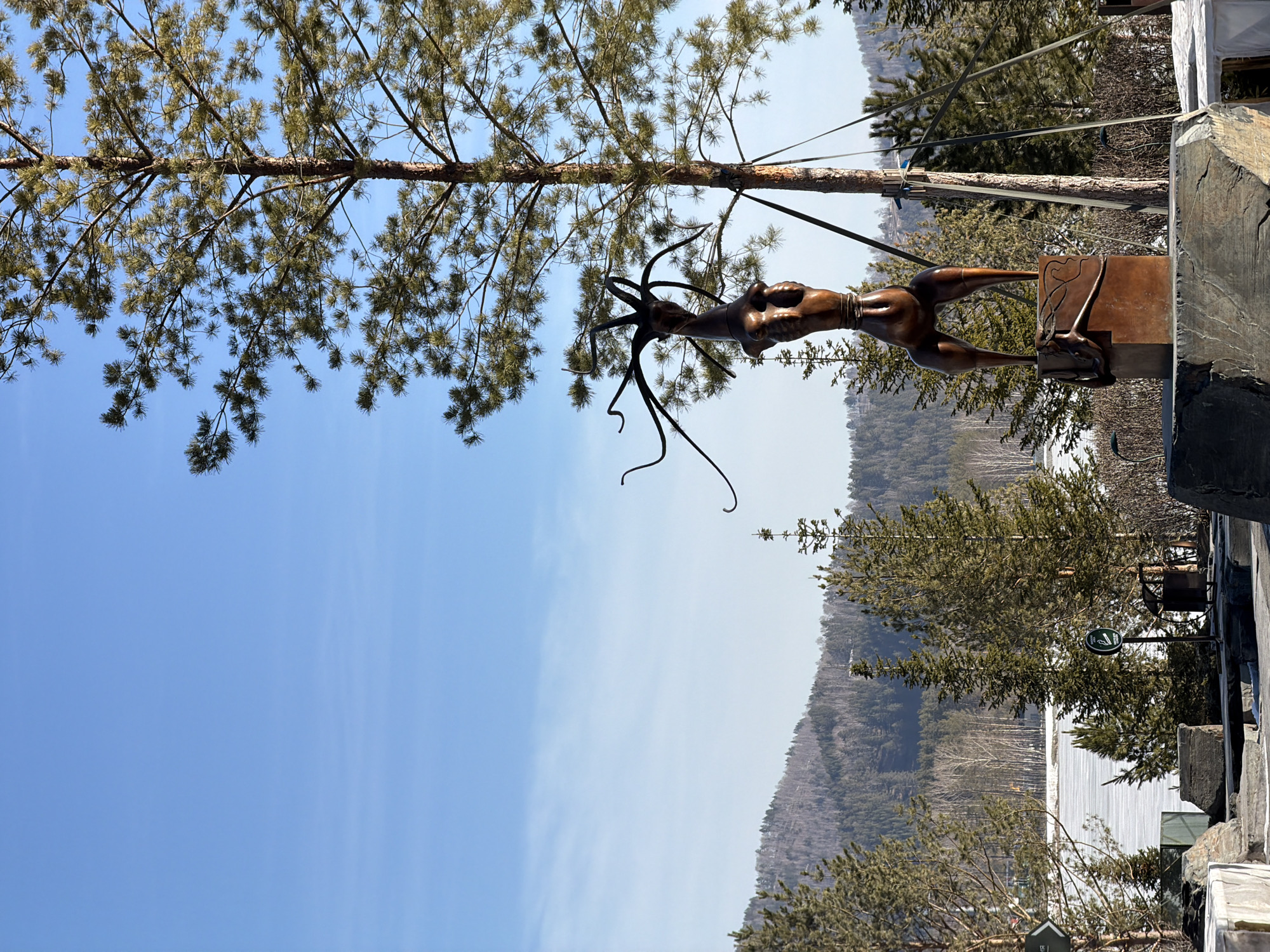 The image shows a bronze sculpture of a nude woman with tendrils extending from her head, installed outdoors in Озёрное, Russia. The sculpture is mounted on a stone base and positioned beneath a pine tree, with the sky visible in the background. A forested hillside can be seen in the distance. Additional vegetation and structures are present at the scene.