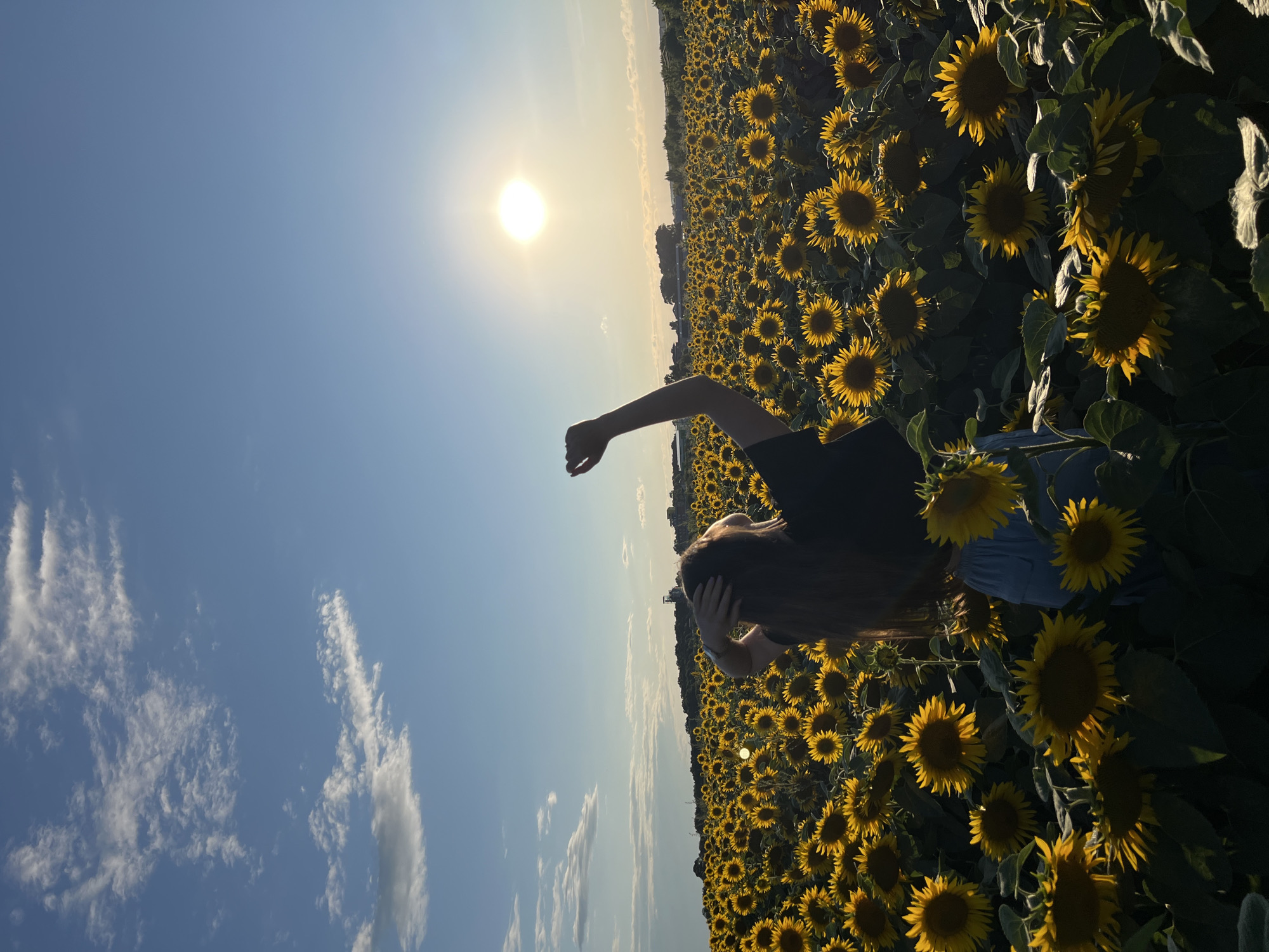 A person with long, dark hair is standing in a field of sunflowers, facing away from the camera. Their right arm is raised above their head, with their fist clenched. Their left hand is resting on the back of their head. The sun is setting in the background, casting a warm glow over the scene. The sky is a clear blue with a few scattered white clouds. The field of sunflowers stretches out to the horizon, with a line of trees and buildings visible in the distance. The location is identified as Ostriv, Ukraine.