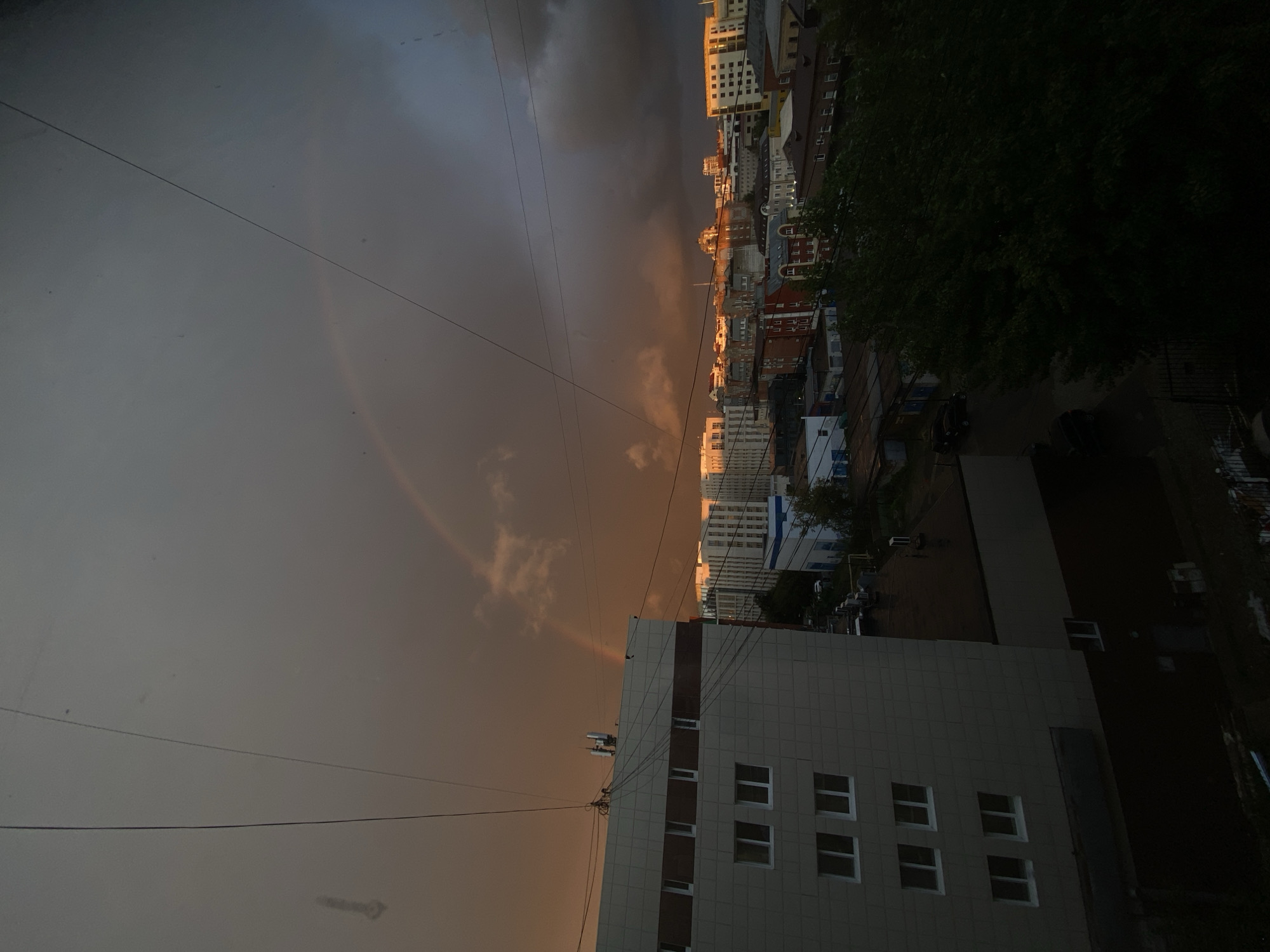An outdoor, eye-level, vertical medium shot captures a city skyline during a storm, with a rainbow visible. The scene is illuminated by the warm, golden light of the setting sun, which contrasts with the dark, ominous storm clouds that dominate the upper portion of the image. A faint rainbow arcs across the sky, a muted splash of color against the dramatic backdrop.
In the foreground, the side of a modern, multi-story building is visible. Its facade is clad in light-colored tiles, with rows of rectangular windows with white frames. The building appears to be an apartment complex or office building. Power lines crisscross the sky, casting shadows and adding a sense of urban density.
Beyond the foreground building, the cityscape unfolds. A collection of buildings of varying heights and architectural styles are visible, some with modern designs and others with more traditional features. Many of these buildings are illuminated, suggesting it is dusk or early evening, with lights glowing from within. The warm sunlight catching the tops of some buildings further accentuates this effect.
In the lower right portion of the image, the dark, dense foliage of trees can be seen, their leaves appearing somewhat blurred, possibly due to wind. The ground in the urban areas appears wet, indicating that it has recently rained or is still raining. A few cars are parked on what appears to be a street or in a parking lot between buildings. The overall atmosphere is one of a city experiencing a dramatic weather event, with the beauty of the rainbow offering a hopeful counterpoint to the intensity of the storm. The location is identified as the city of Perm, Russia.
