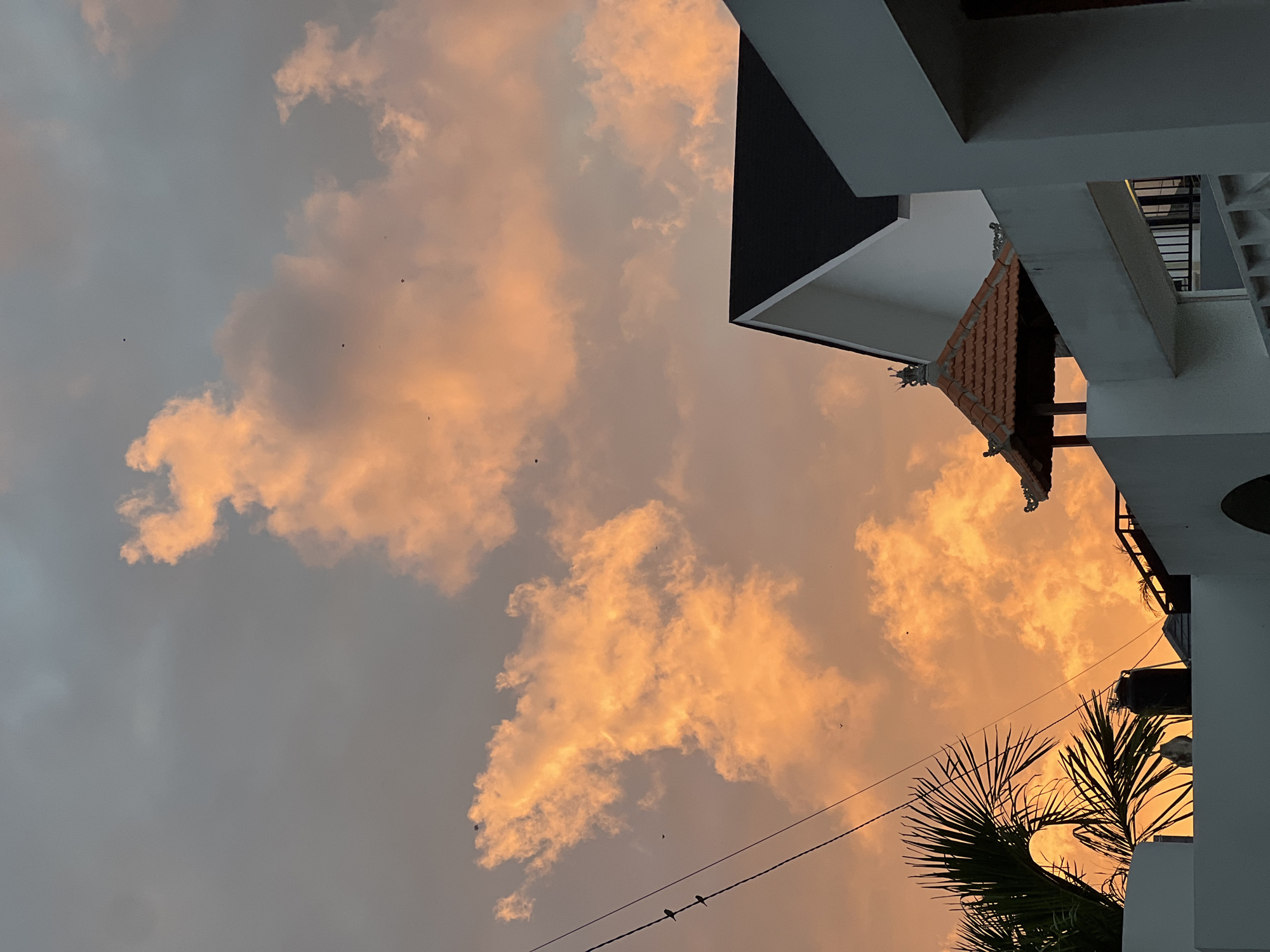 A sunset view over a building in Kediri, Indonesia, shows an orange sky filled with clouds. A palm tree is visible on the left, silhouetted against the sky. Several wires run diagonally across the image. The building has a dark-pitched roof and white walls. A small, tiled gazebo with ornate detailing is perched on top of a wall.