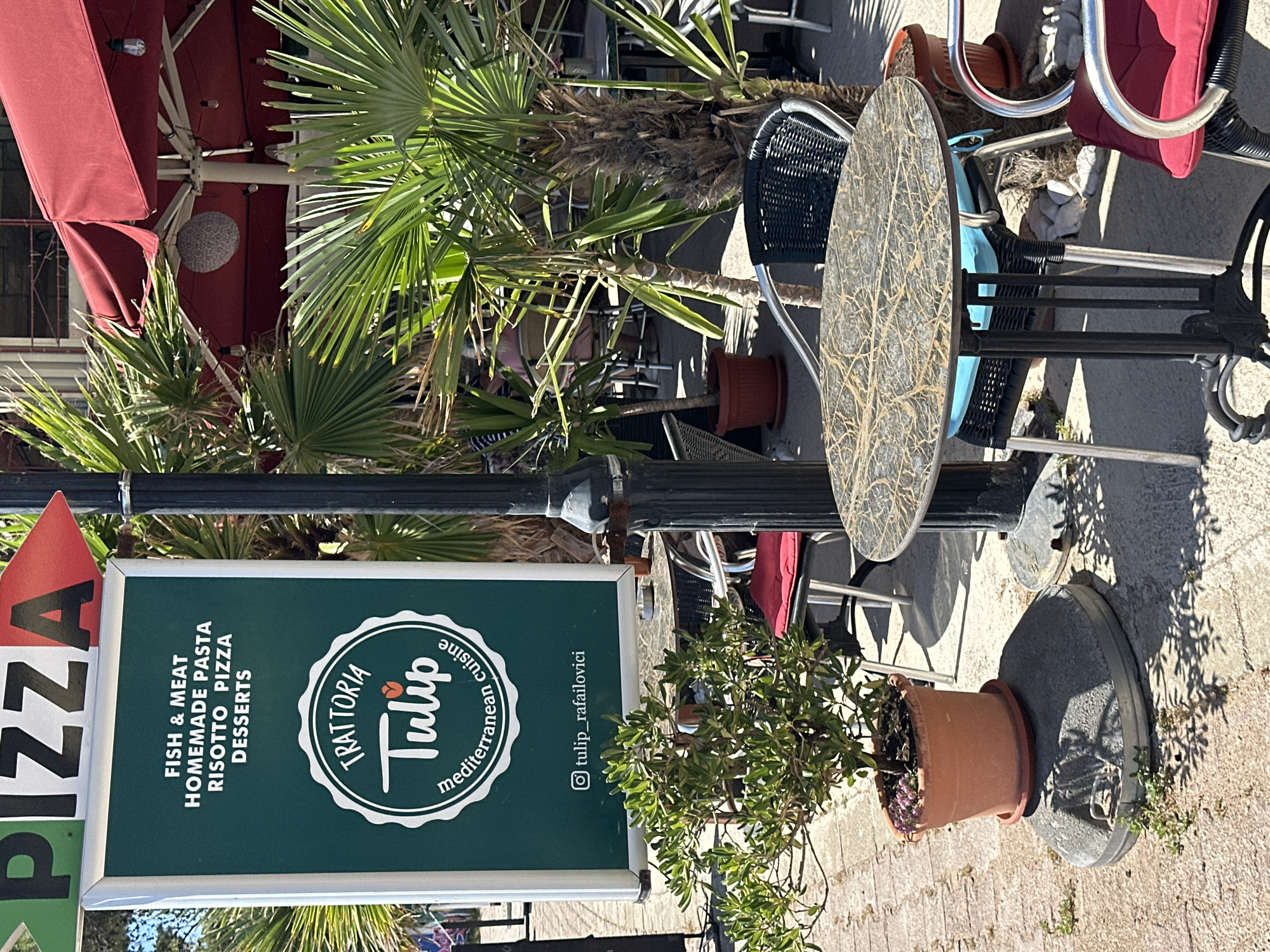 The image captures a scene in Rafailovići, Montenegro, featuring a restaurant called "Trattoria Tulip". The restaurant offers fish, meat, homemade pasta, risotto, pizza, and desserts. The sign is green and white with the restaurant's logo. A separate sign with the word "PIZZA" is also visible. The scene includes tables and chairs, with potted plants placed around the outdoor seating area. Palm trees provide shade, suggesting a Mediterranean environment. The ground appears to be paved. A black post is located near the restaurant sign.