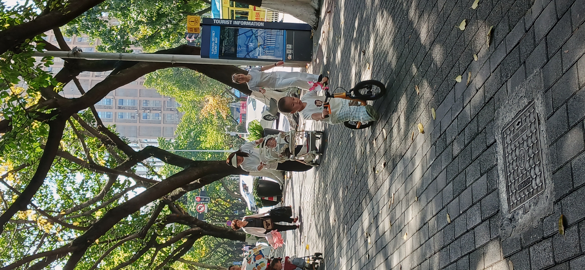 This image captures a lively urban street scene on a bright, sunny day in what is identified as the Yuzhong District. A wide sidewalk paved with dark grey rectangular blocks extends from the foreground, partially covered in dappled sunlight and scattered yellow leaves. Overhead, large, leafy trees provide shade, their branches reaching across the upper part of the frame.
Several individuals are present, suggesting casual outdoor activity. In the mid-ground, a young child, likely a boy, wearing a white t-shirt and checkered pants, rides a small orange and black balance bike on the sidewalk. Nearby, an adult dressed in white pushes a stroller containing a baby. Further back, another adult in a white outfit stands near a prominent black "TOURIST INFORMATION" board. This board explicitly displays the text "TOURIST INFORMATION" at the top and "YUZHONG DISTRICT TOURIST MAP" below it, confirming the location context.
Other pedestrians, including a woman in a striped top carrying a black handbag, are visible further along the sidewalk. In the background, tall buildings with many windows indicate a bustling urban environment. Cars are visible on the street adjacent to the sidewalk. In the bottom right corner of the sidewalk, a metal manhole cover is visible, featuring a grid pattern and embossed text that includes "BEQD C LANE" and "007X007", along with other hard-to-decipher characters. The overall impression is one of a relaxed day in a busy city area.