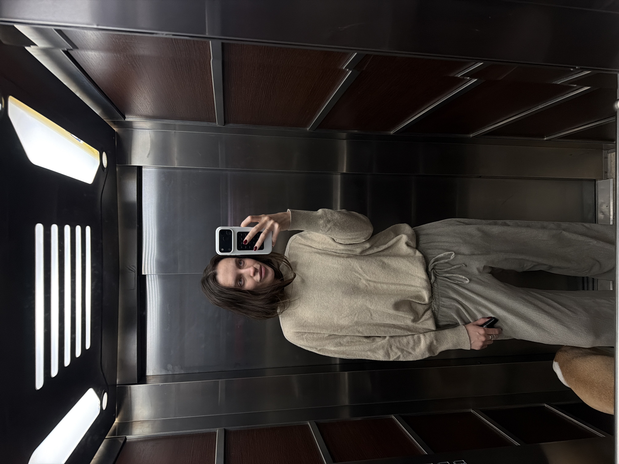 A woman with shoulder-length brown hair is taking a selfie in an elevator. She's wearing a beige sweater and matching sweatpants. She's holding a smartphone in her left hand and another object in her right hand, possibly a phone case. The elevator has a modern interior with stainless steel panels, wooden accents, and vertical LED light fixtures. A dog's head is partially visible at the bottom right corner of the image. The location is potentially in a building in Budva, Montenegro.