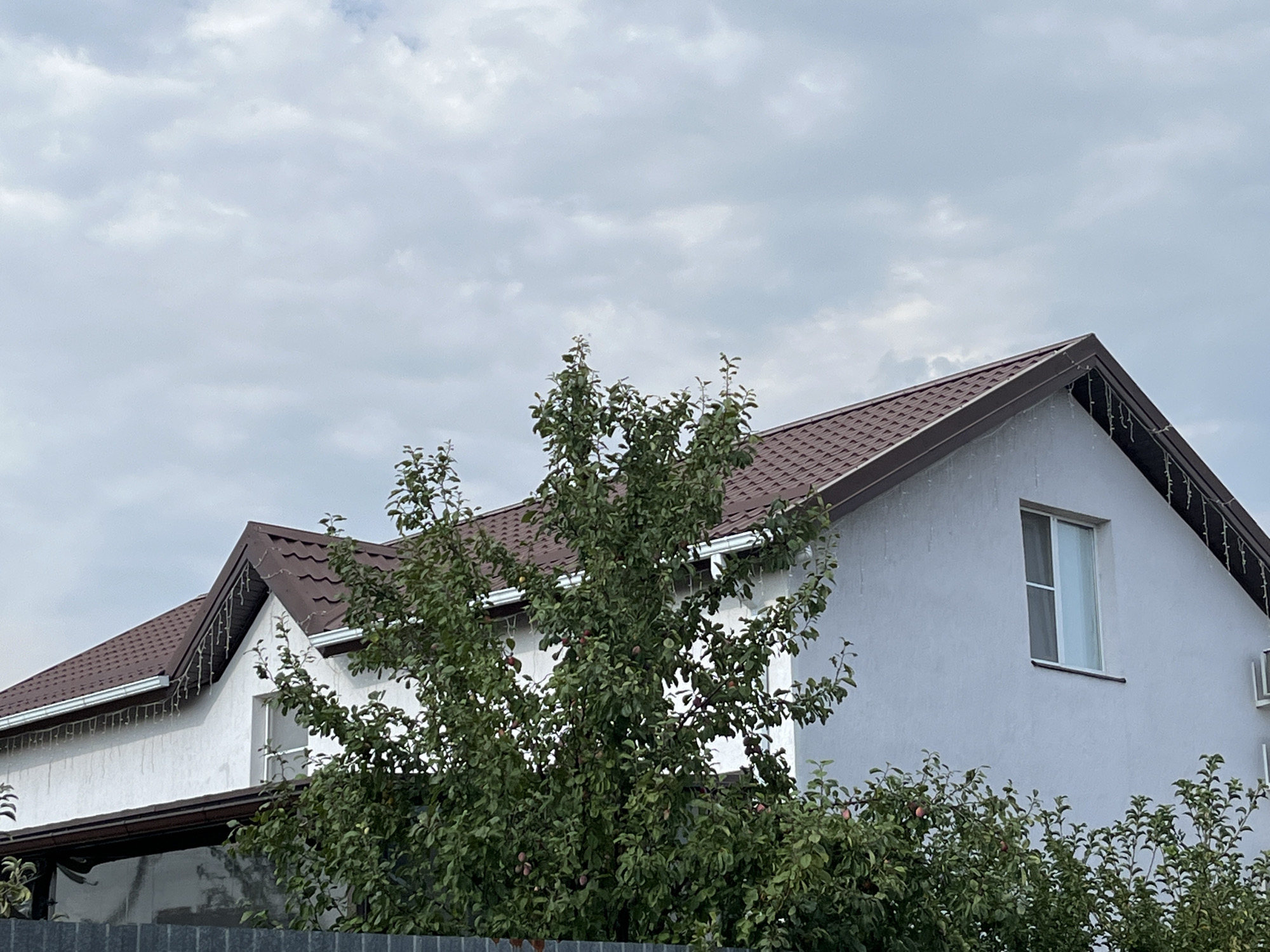 A medium shot captures a close-up view of a house with a brown tiled roof and white stucco exterior. The house features two gabled sections, with a visible window on the right side of the larger gable. Icicle-like decorations hang from the eaves of the gables. In the foreground, a lush green tree with some red fruit is prominently displayed, partially obscuring the house. The sky is overcast with gray clouds. A dark metal fence is visible at the bottom of the frame. The scene is set in Taganrog City District, Russia.