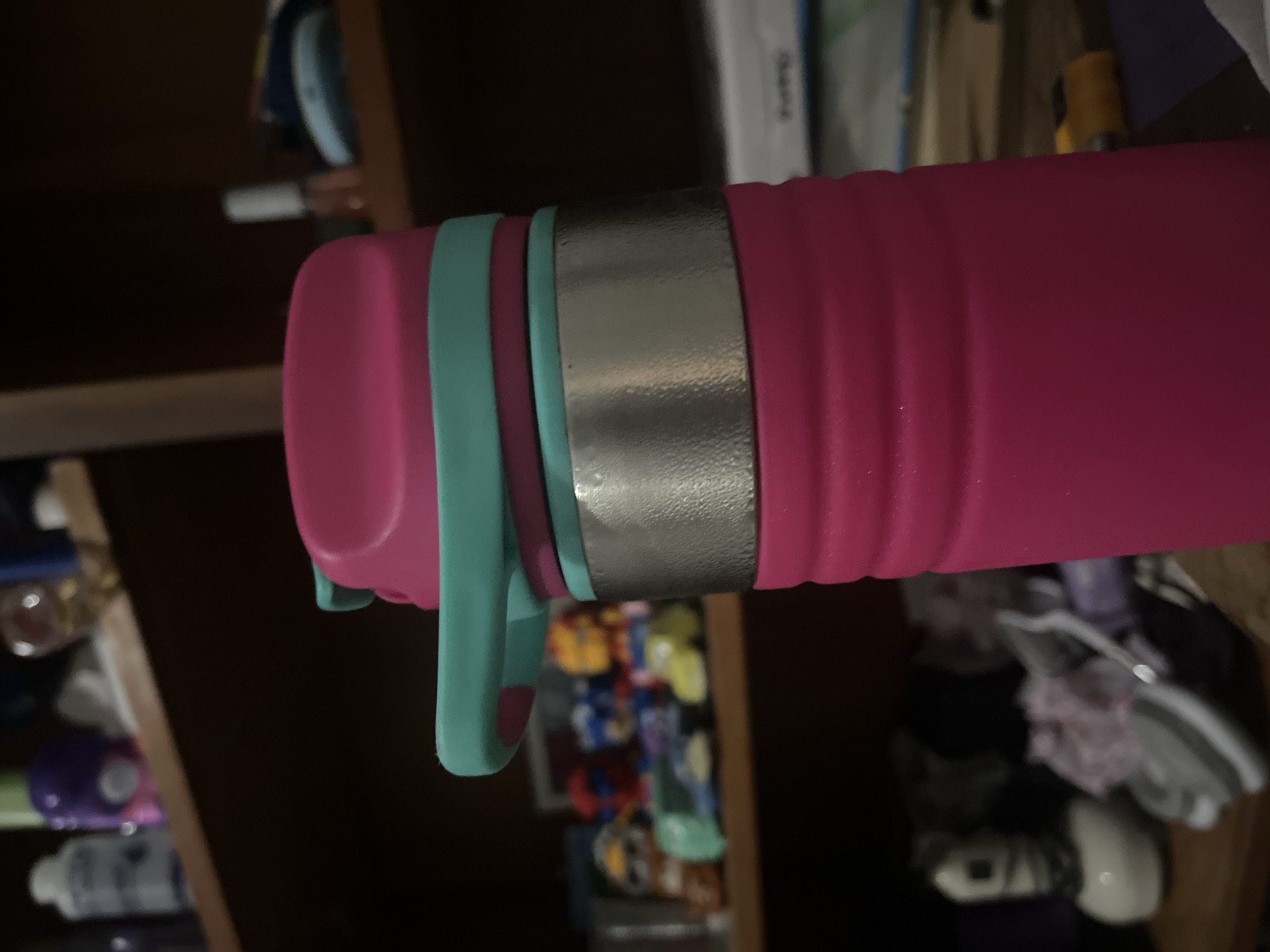 The image shows a close-up view of a pink water bottle with a teal lid attachment and a metallic band. The water bottle is positioned in the foreground and takes up a significant portion of the frame. In the background, on a shelf, several small figurines of what appear to be cartoon characters are visible. The shelf also contains various other items, including bottles and what look like small cosmetic containers. The overall environment appears to be an indoor setting, possibly a room with shelves displaying various objects. The image is slightly out of focus in some areas, particularly the background. There is no discernible information in the image that relates to Santa Ana, Venezuela.