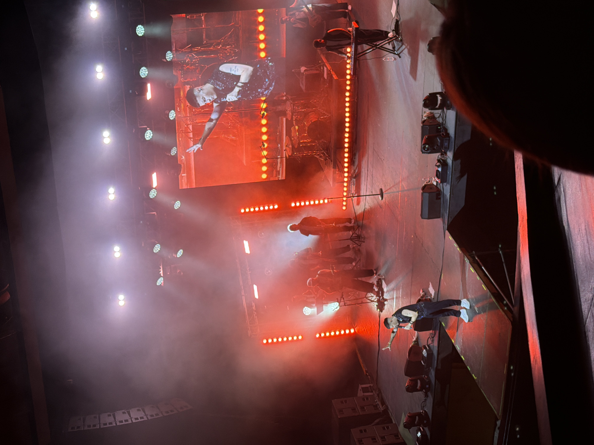 A concert is taking place on a stage at an indoor venue. A male singer is on the left side of the stage, wearing a black sleeveless shirt and pants, and white sneakers. He is holding a microphone and gesturing with his left hand. A large screen behind the stage displays a live feed of the singer, with a drum set also visible on the screen. Several musicians are on stage behind the singer, playing instruments such as keyboards and what appears to be a cello or double bass. The stage is lit with red and white lights, and there is a significant amount of fog or smoke in the air. The overall atmosphere appears to be energetic and engaging. The location is identified as the city of Odesa, Ukraine.
