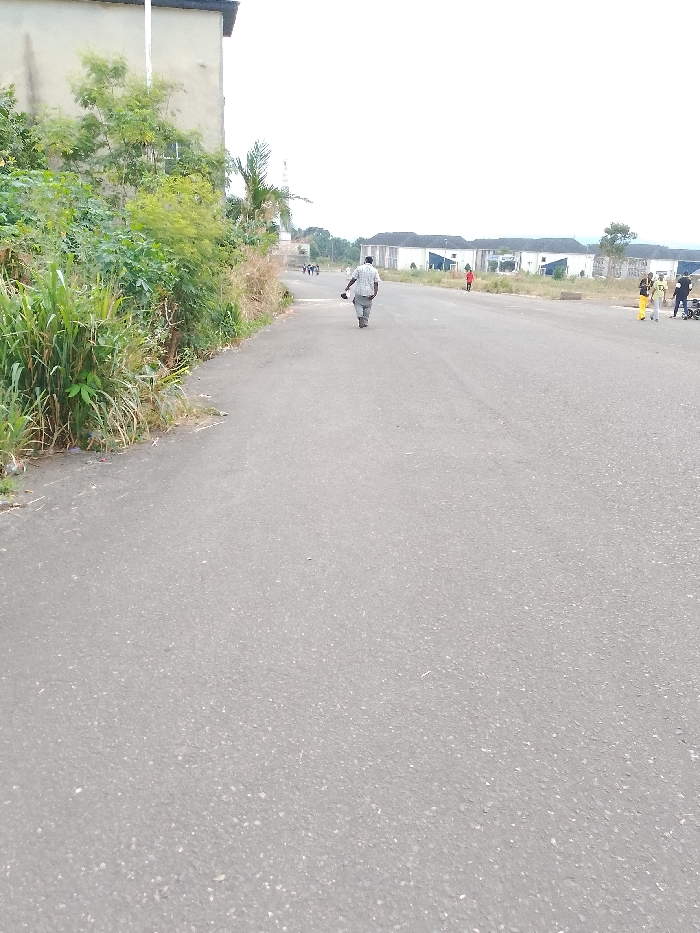A street scene in Ogboko, Nigeria. A man walks down an asphalt road carrying an object in his hand. In the distance, other individuals are visible, with some appearing to be engaged in conversation near a motorcycle on the right. Buildings are present on both sides of the road, with vegetation along the left edge. The sky is overcast.