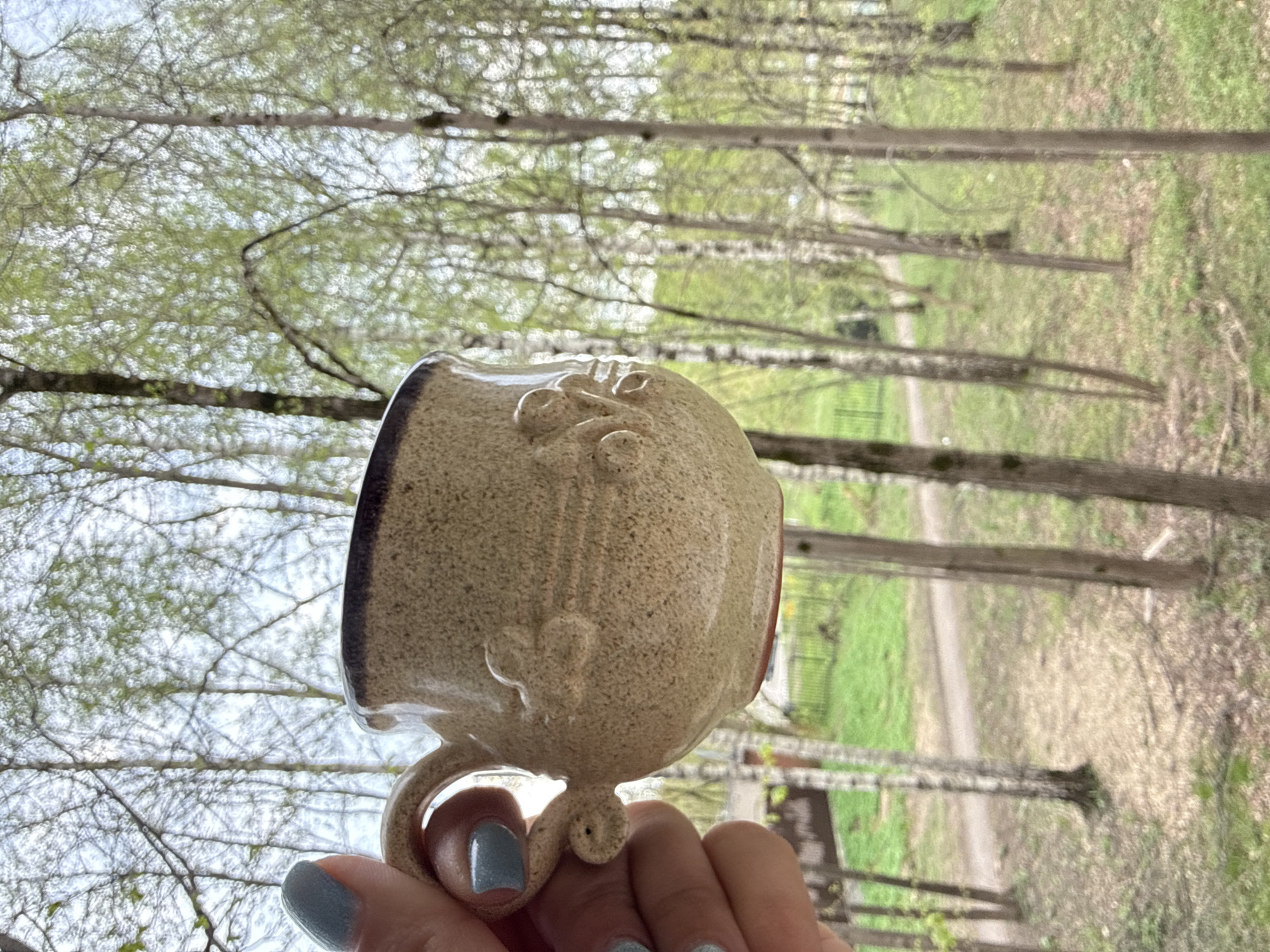 A person is holding a ceramic mug in front of a natural outdoor scene. The mug is primarily beige with a darker rim and sculpted floral or foliate designs. The person's hand, with nails painted a light blue-grey, is visible beneath the mug. The background features trees with light green foliage and a pathway or open area, suggesting a park or wooded area. The scene has a soft, natural light. I cannot confirm it is in Dmitrov, Russia.