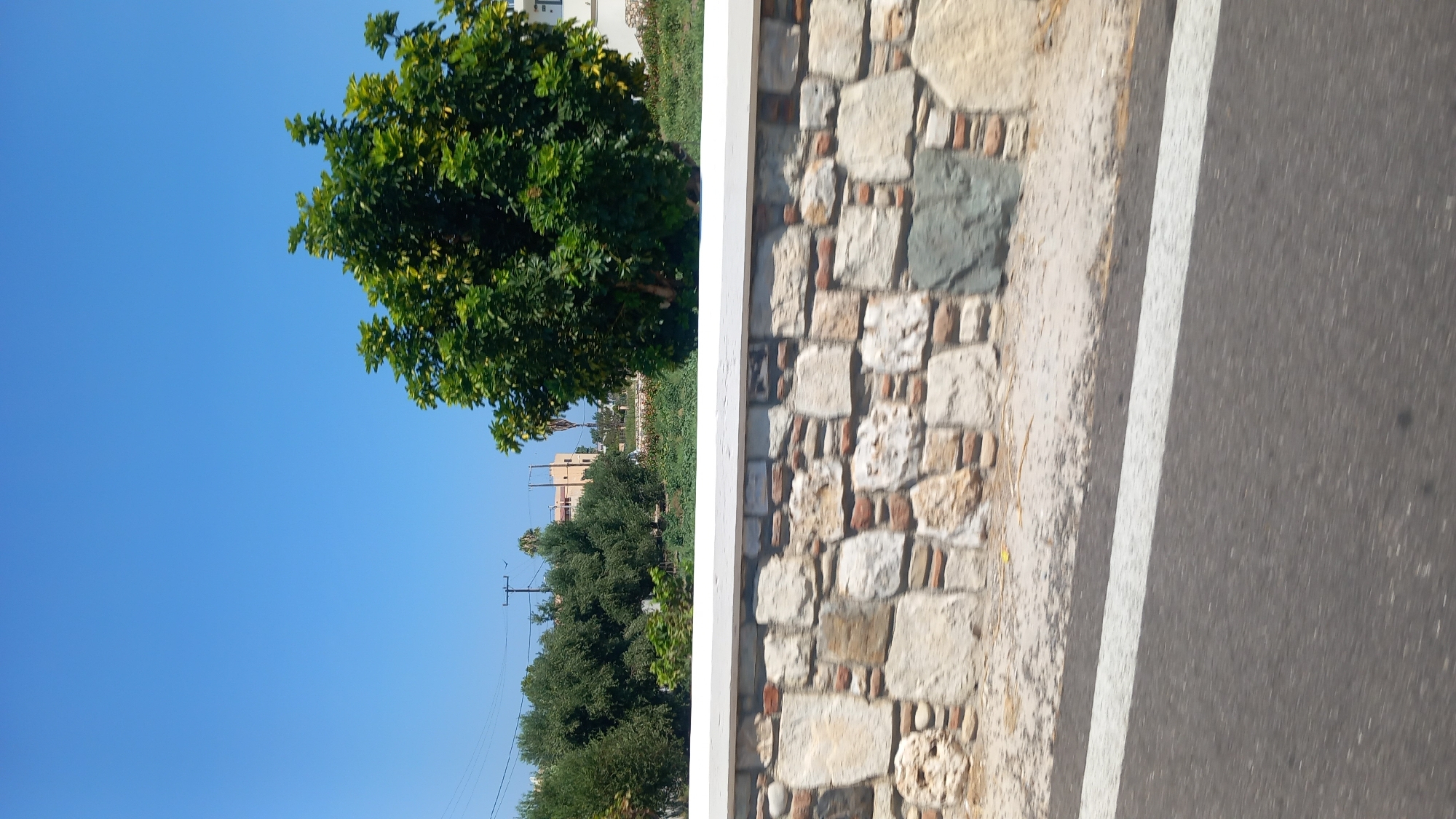 A street-level view shows a rustic stone wall with a white cap running horizontally across the lower middle of the frame. Behind the wall, green trees and vegetation are visible, with a building in the distance. The sky is a clear, bright blue. The scene appears to be in a sunny, rural or semi-rural area, possibly on the island of Evia, near Marmari, Greece. The wall is constructed from irregular stones of various sizes and colors, including beige, grey, and reddish-brown bricks. A white line runs across the dark asphalt road in the foreground, suggesting this is a roadside view. The overall impression is of a warm, clear day in a Mediterranean setting.