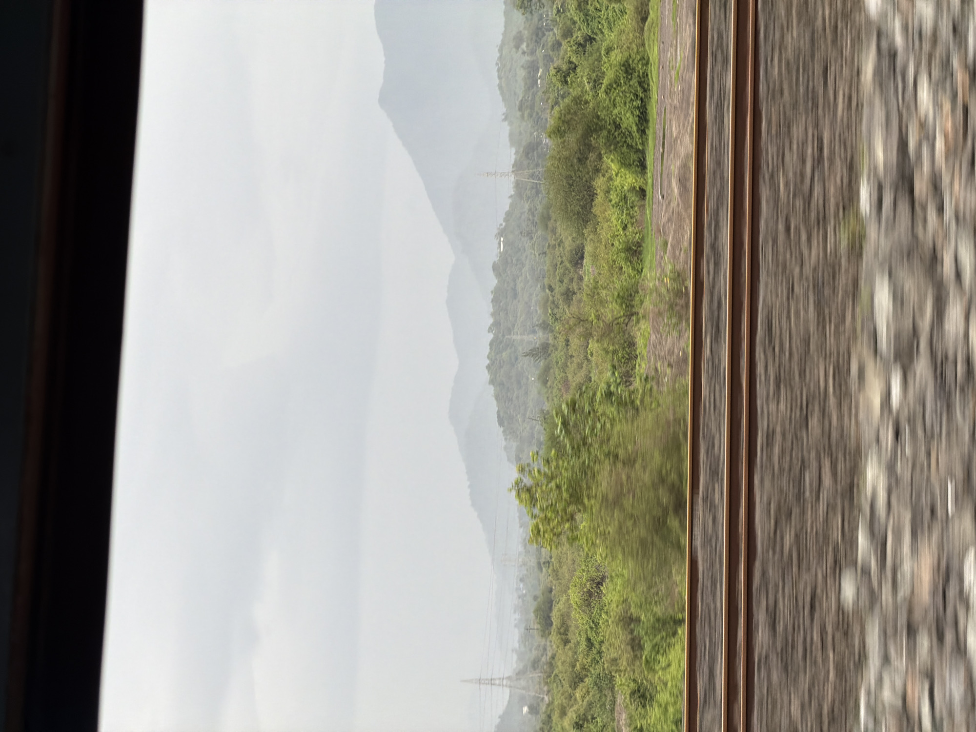 The image depicts a landscape seen through a window, likely from a moving vehicle. In the foreground, two parallel train tracks are visible, with the ballast beneath them blurred due to motion. Beyond the tracks, a dense expanse of green foliage covers the terrain. In the mid-ground, rolling hills are dotted with trees and vegetation, and a prominent electricity pylon stands on the left side. Further in the distance, a series of hazy, layered mountains fade into the overcast sky. The overall impression is that of a rural or semi-rural environment under a cloudy or misty day. The image is likely taken in Vasai-Virar, India, a region known for its green cover and mountainous terrain.