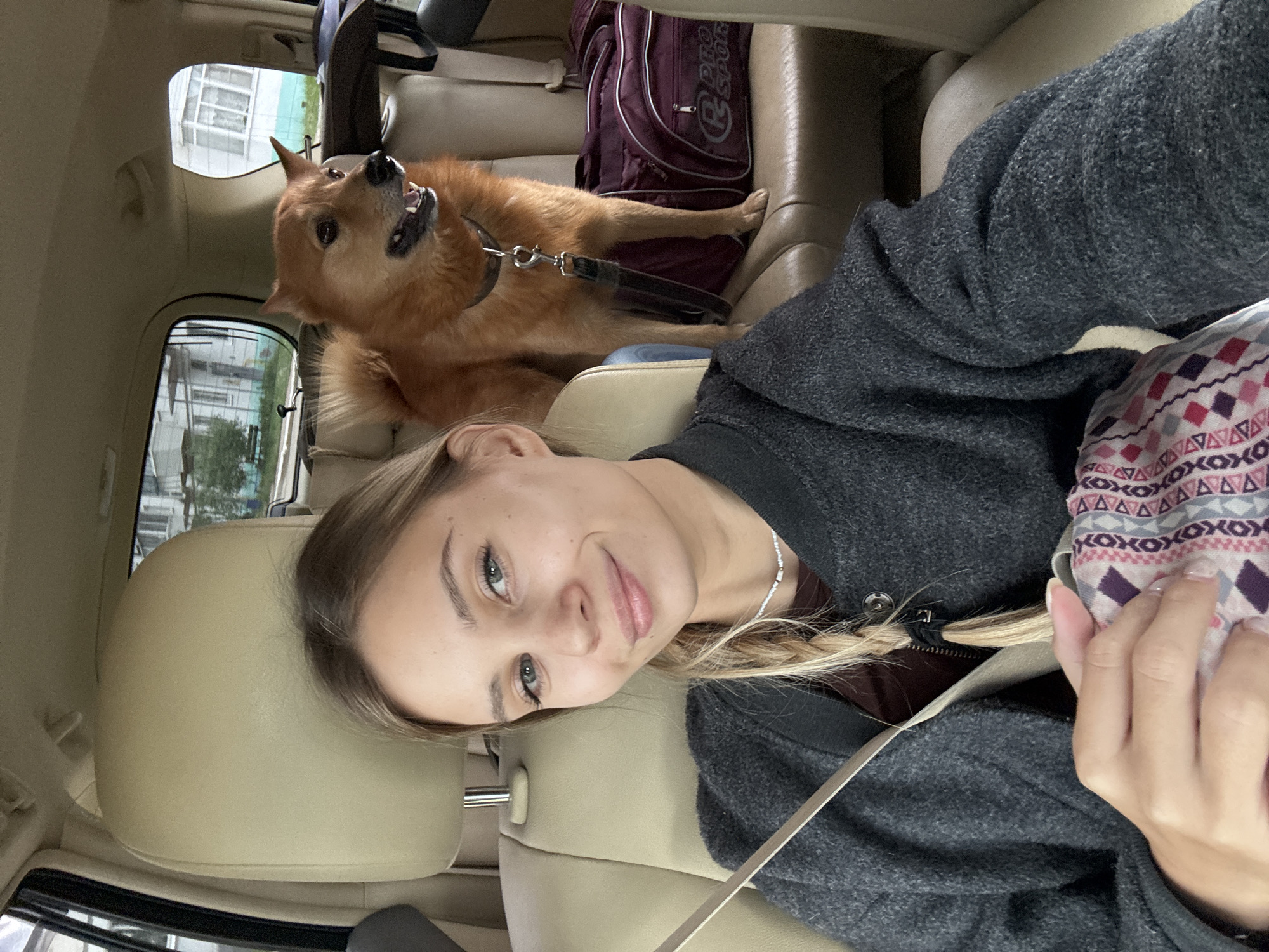 A young woman is taking a selfie inside a car. She's wearing a grey sweatshirt, and a seatbelt. Her hair is blonde and braided. Beside her, a tan dog is sitting on the passenger seat, wearing a leash. A maroon backpack is behind the dog. The car appears to be parked, as a building is visible through the windows. The image's metadata does not reveal the location as Chaikovsky, Russia.