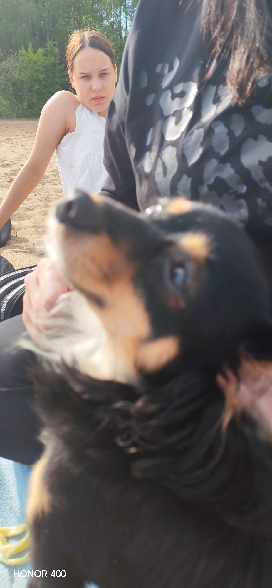 This is a vertically oriented close-up photograph featuring two people and a small dog in an outdoor, sandy setting in Noviy, Russia.
In the foreground, largely out of focus, is a small dog with black and tan fur and long, wavy hair, possibly a long-haired miniature dachshund or similar breed. Its head is tilted upwards and its face is very blurry, though one blue eye is partially visible. The dog is being held by an individual whose chest, lap, and hands are visible. This person is wearing a dark long-sleeved top with light grey/white abstract or animal-print patterns, and dark pants or leggings. A black zippered bag or pouch is partially visible near their lap. A light blue or teal towel/blanket is also visible underneath the dog.
In the middle ground, to the left of the obscured foreground person, sits a young woman with light brown hair, pulled back from her face. She is wearing a white sleeveless top with ruffles or gathers. Her expression is neutral to slightly serious, and she is looking directly towards the camera. She is seated on sandy ground.
The background consists of more sandy terrain and lush green trees and foliage, suggesting a natural outdoor location like a beach or a riverbank. The lighting indicates a bright, sunny day, possibly late afternoon or early morning, with warm light illuminating the scene.
In the bottom left corner of the image, the watermark "HONOR 400" is visible.