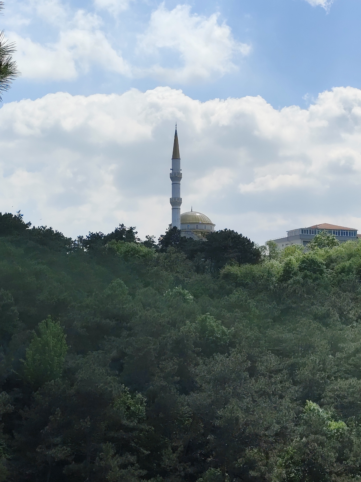 The image shows a mosque in Sarıyer, Turkey. The mosque features a golden dome and a tall minaret that rises above a dense forest. The sky is blue with white, puffy clouds. A modern building with a red roof can be seen behind the mosque. The foreground is dominated by a green forest.