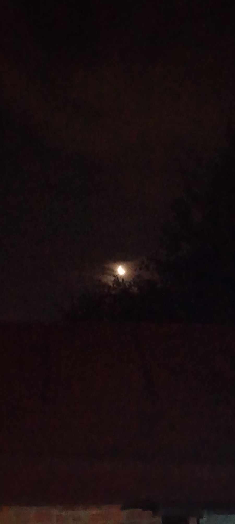 The image captures a nighttime scene with a partial moon visible through dark, cloudy skies. The lower portion of the frame is dominated by a dark, reddish-brown surface, likely a building or structure, with some lighter brick-like textures at the very bottom. No people or specific identifiable landmarks of Belgorod, Russia are present.