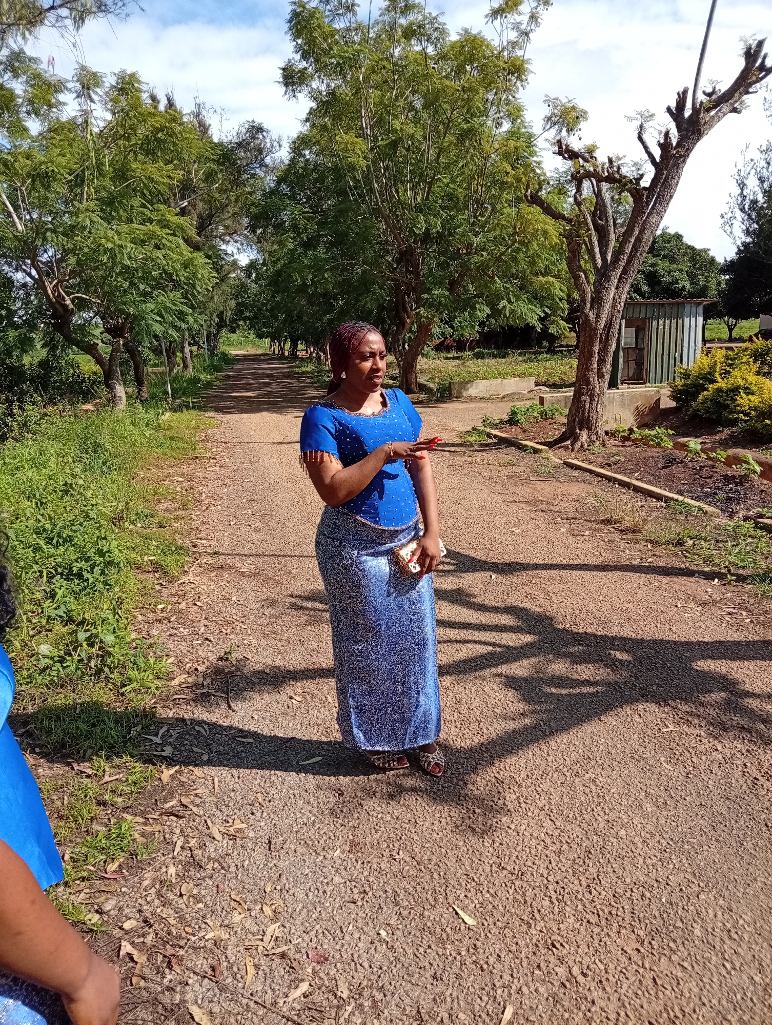 A woman stands on a gravel path in an outdoor setting, possibly in Tambes Mile Four, Nigeria. She is wearing a blue, beaded, short-sleeved top and a long, blue, patterned skirt. Her hair is braided and pulled back. She is holding a small, patterned clutch in her right hand. The path is lined with trees and green foliage. Sunlight casts shadows on the path, suggesting a bright day. In the background, a corrugated metal shed and some yellow flowering bushes are visible. Another person's arm, wearing a blue garment, is partially visible on the left side of the frame.
