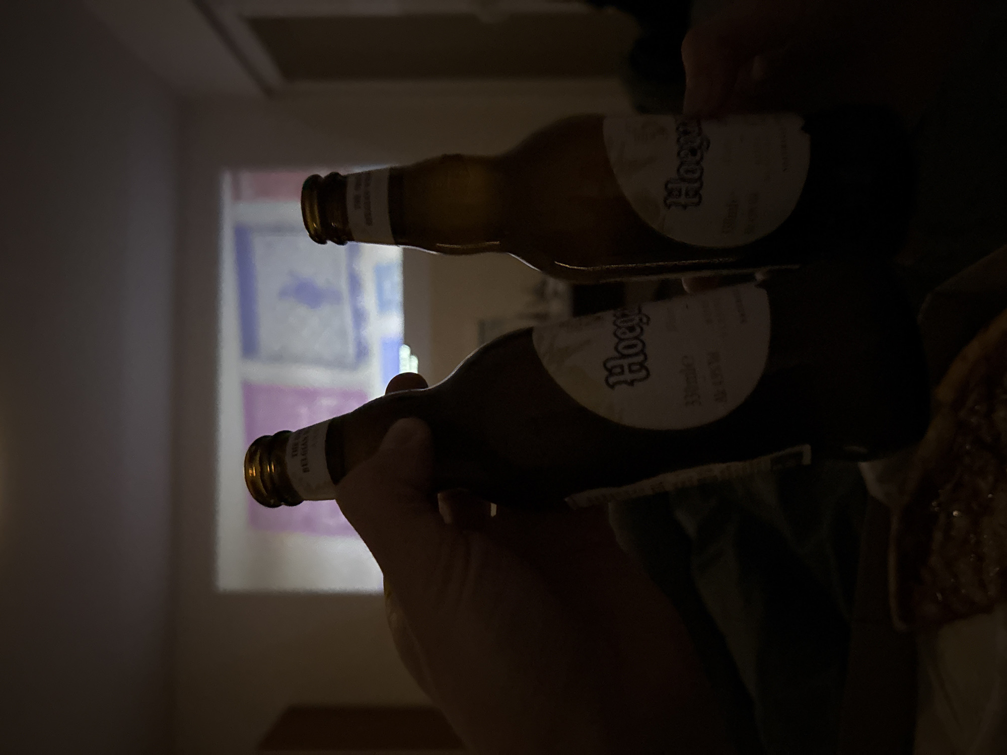 The image depicts a dimly lit indoor setting where two individuals are present, each holding a 330ml brown glass bottle of Hoegaarden Belgian white beer, visible by its label. In the immediate foreground, a portion of food resembling pizza is out of focus. The background reveals a light-colored wall illuminated by a projector displaying an image with blue and purple/pink abstract patterns or media content. The specific location within Budva, Montenegro, is not discernible from the provided visual information.