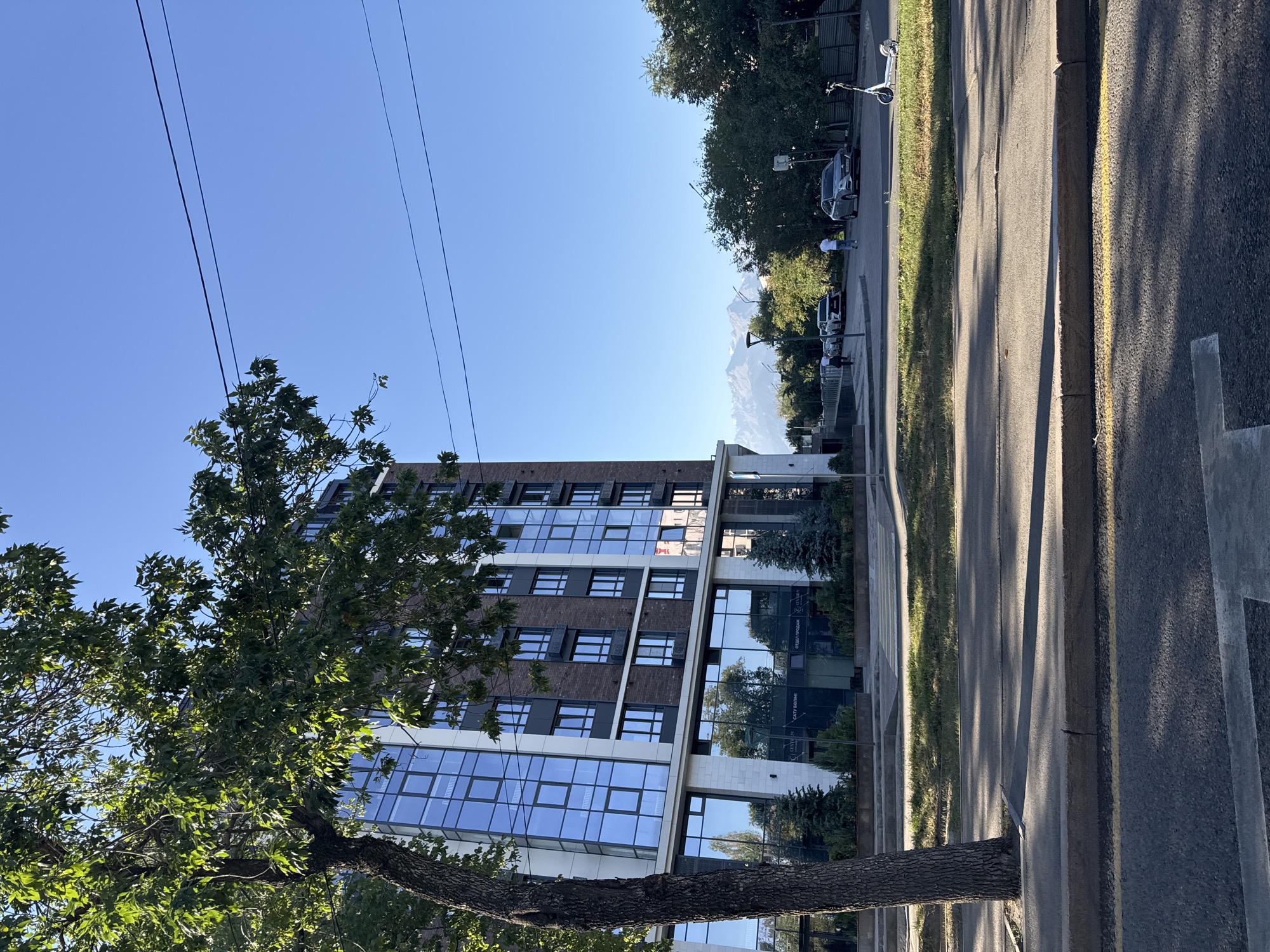 The image shows a street scene in Almaty, Kazakhstan, on a clear day. In the foreground, a tree trunk is visible on the left, casting a shadow on the asphalt road. The road has yellow and white markings. Behind the tree, a modern, multi-story building with a facade of dark bricks and large, blue-tinted windows dominates the left side of the frame. The building has multiple floors and appears to be a residential or commercial complex.
In the middle ground, there is a strip of green grass and some smaller evergreen trees planted in front of the building. A crosswalk with yellow stripes is visible on the grass. Further back, a street runs parallel to the building. Several cars are parked or driving on this street, including a silver sedan and a white sedan. A person is walking in the distance towards the right, and another person is visible near the white car.
On the right side of the middle ground, an electric scooter is parked on the grass. Beyond the street, there is a line of trees, and in the background, majestic snow-capped mountains are visible under a clear blue sky. Power lines are strung across the upper part of the image. The overall scene depicts a well-maintained urban environment with a blend of modern architecture, greenery, and a distant natural landscape.